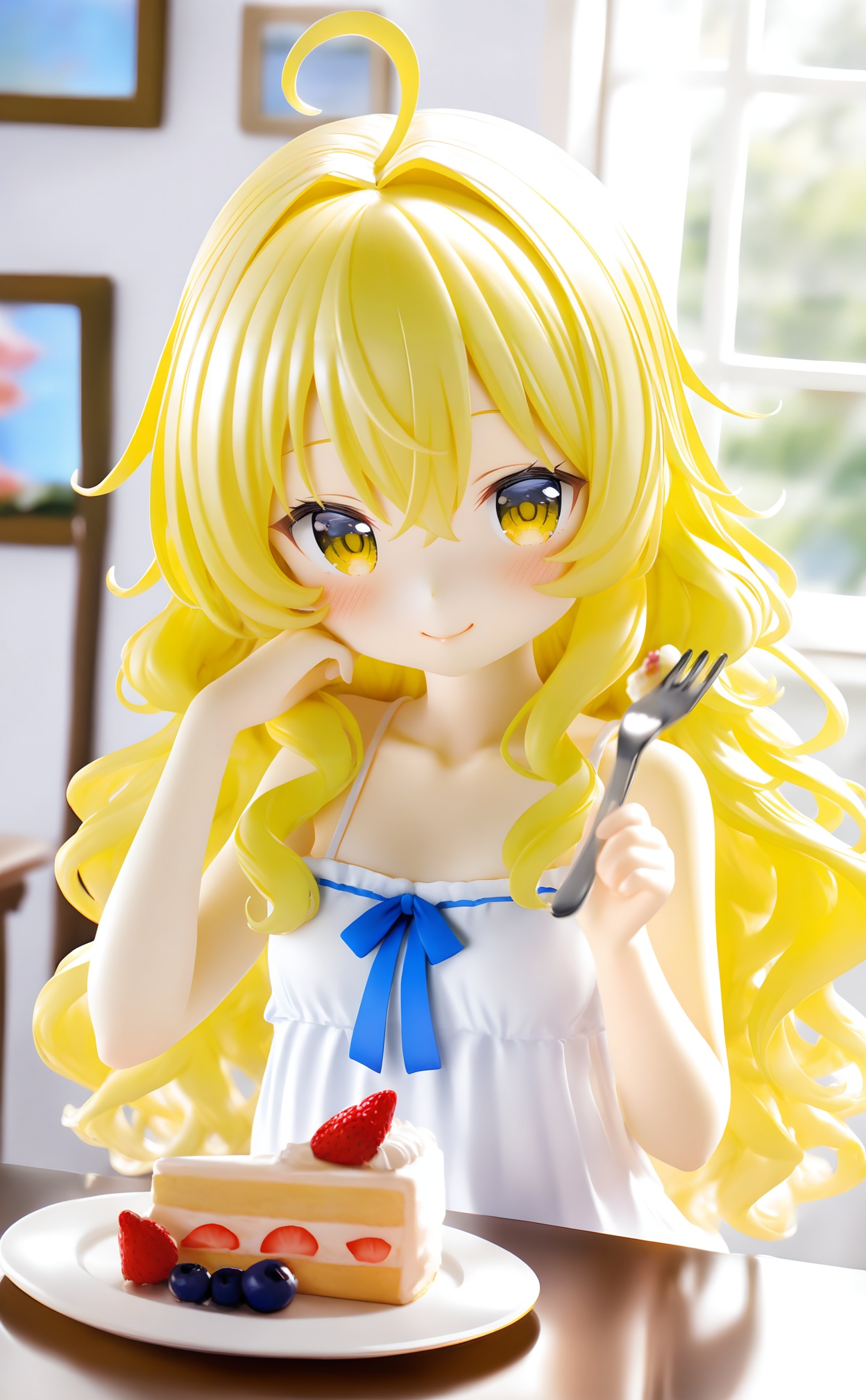masterpiece,absurdres,best quality,loli,petite,high quality,chromatic_aberration,//,1girl,food,fruit,cake,strawberry,solo,holding,holding_fork,cake_slice,long_hair,yellow_eyes,fork,blonde_hair,ahoge,looking_at_viewer,closed_mouth,hand_on_own_face,indoors,hair_intakes,hand_on_own_cheek,smile,strawberry_shortcake,plate,upper_body,blueberry,hair_between_eyes,blush,bare_arms,dress,sleeveless,curly_hair,window,sunlight,bare_shoulders,picture_frame,sleeveless_dress,white_dress,head_rest,dutch_angle,small_breasts,sidelighting,table,wavy_hair,drawing_\(object\),very_long_hair,collarbone,blue_bow,spaghetti_strap,breasts,hands_up,day,//,<lora:PVC7——【noob】hans:1>,