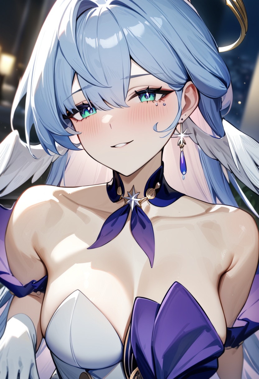 <lora:知更鸟a31:1>,a girl named robin,robin,1girl,strapless dress,bare shoulders,white gloves,halo,head wings,earrings,jewelry,, masterpiece, best quality, very aesthetic, absurdres