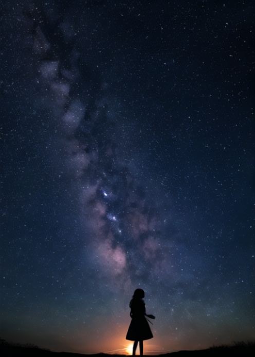 1girl, stars,looking up,night,ground,standing,  <lora:stars:0.8>