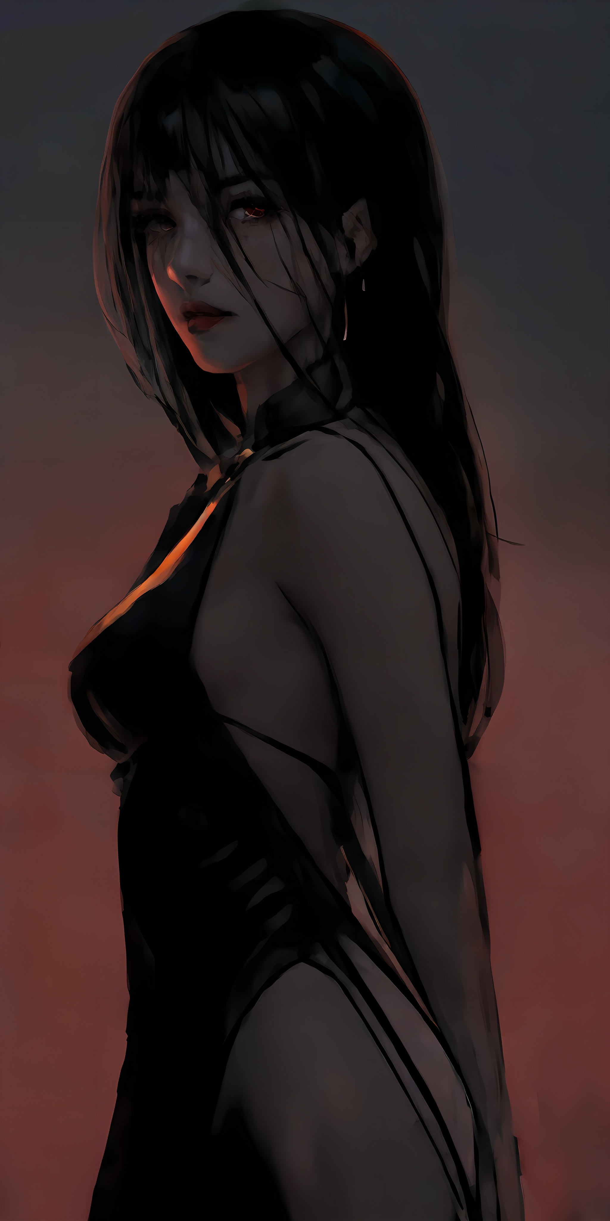 画风14,a woman with silver gray long hair and a black semi transparent veil looked back, long sideburns, long bangs, black eyebrows, long black eyelashes and red eyes, straight nose, deep red lips hidden under a semi transparent veil, exposed shoulder, pointed ears, Elves, The black robe shone red on her face and shoulders, Oblique side light, Gradient background, Pink purple and rose red background,medium breasts