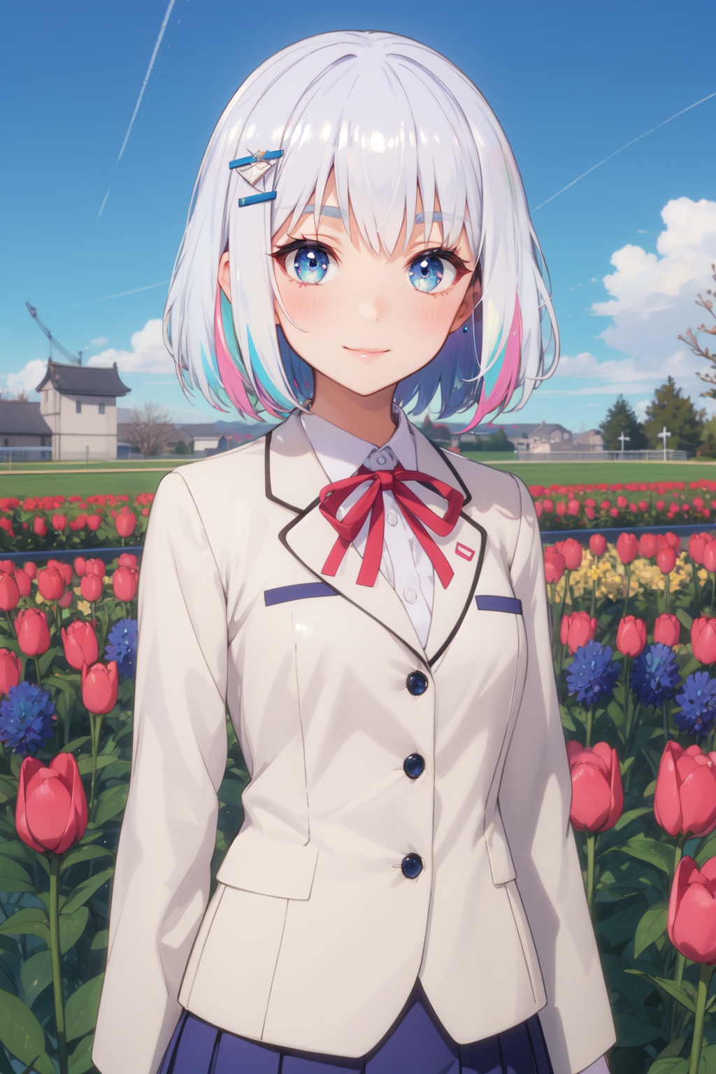 <lora:Origami-000007:0.8>,Origami cyql,1girl,looking at viewer,solo,short hair,white hair,hairclip,hair ornament,blue eyes,school uniform,ribbon,blazer,jacket,skirt,pleated skirt,Flirty, A playful smile, arched eyebrows, and a slightly tilted head.,upper_body,beautiful face,beautiful eyes,glossy skin,shiny skin,Tulips, Fields, Colors, Spring, Windmill, Horizon, Serenity, Beauty,(Moss-covered stones, Stone lanterns, Moss gardens, Zen serenity, Rainy day, Meditation:0.6),beautiful detailed sky,beautiful detailed glow,posing in front of a colorful and dynamic background,masterpiece,best quality,beautiful and aesthetic,contrapposto,female focus,wallpaper,fashion,