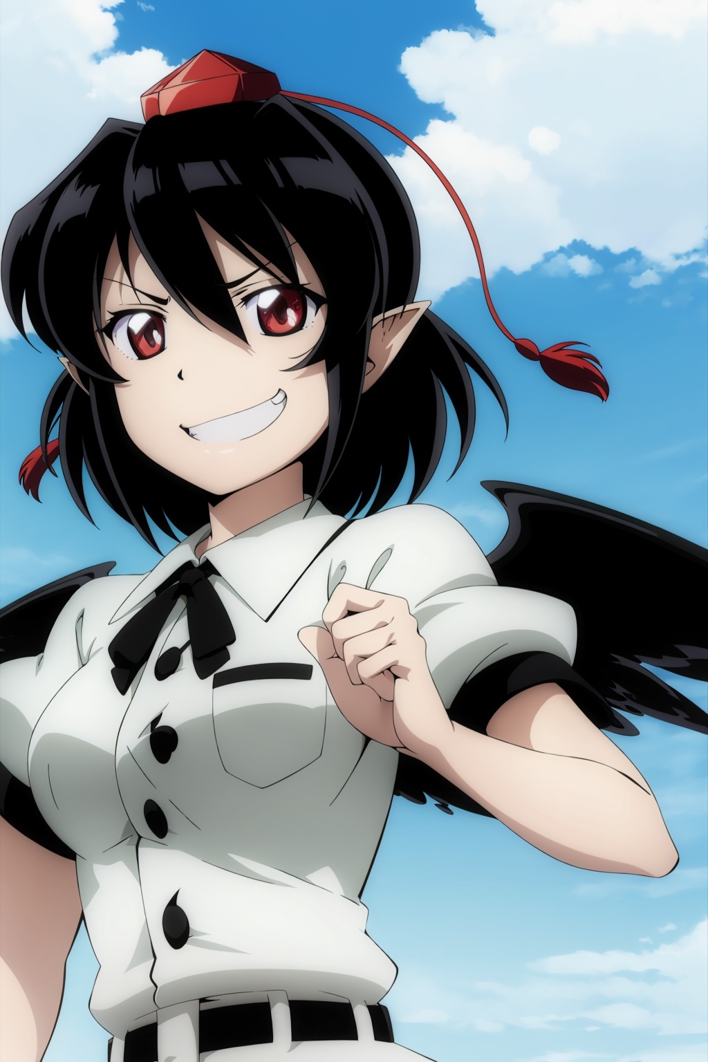 masterpiece, best quality, <lora:tgm-v2:1>,pixiv,1girl, shameimaru aya, solo, black hair, hat, smile, wings, tokin hat, red eyes, pointy ears, looking at viewer, camera, short hair, black wings, parody, grin, shirt, upper body, style parody, sky, short sleeves, cloud, ribbon
