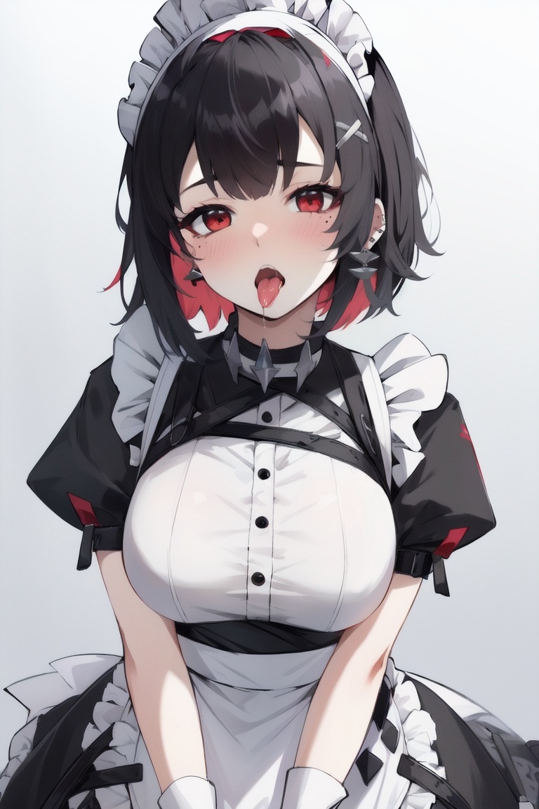 ((HRD, HUD, 8K)),((masterpiece, best quality)), highly detailed,EllenJoe, 1girl, tongue, black hair, solo, breasts, teeth, maid headdress, tongue out, maid, mole under eye, open mouth, looking at viewer, blush, mole, large breasts, sharp teeth, short sleeves, jewelry, multicolored hair, piercing, short hair, earrings, bangs, saliva, apron, red eyes, ear piercing, wrist cuffs, hair ornament, colored inner hair, two-tone hair, puffy sleeves, mouth pull, puffy short sleeves, black dress, dress, red hair, oral invitation, upper body, <lora:20240705-1720168506454:0.75>
