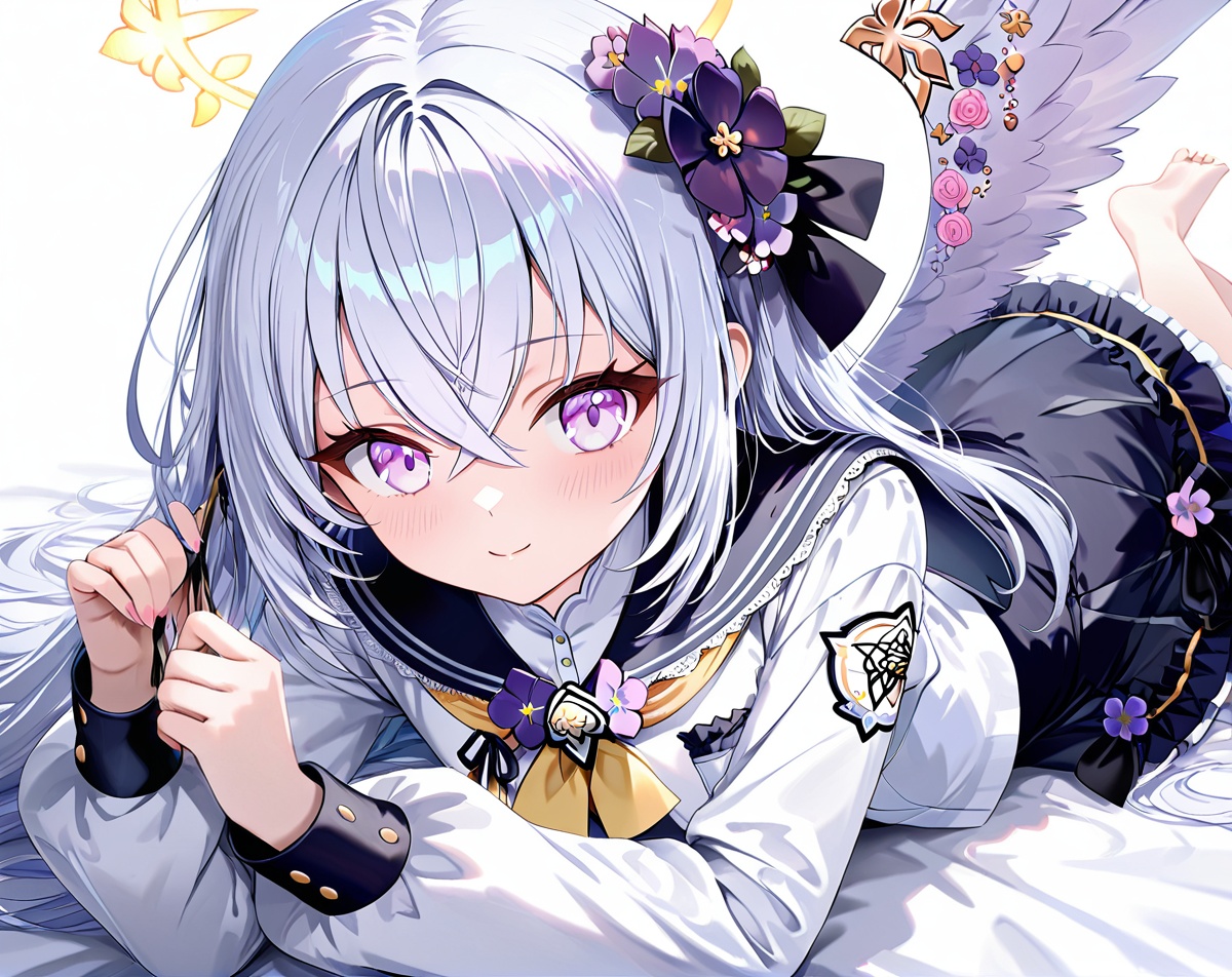 azusa (blue archive),jw,Torino,Noyu,0,1girl, azusa (blue archive), solo, halo, hair ornament, hair flower, flower, wings, long hair, lying, barefoot, looking at viewer, purple eyes, on stomach, white background, white hair, hair between eyes, simple background, smile, long sleeves, bangs, dress, crossed bangs, feet, school uniform, sailor collar, black sailor collar, closed mouth, blush, purple flower,(UHD),anatomically correct,ccurate,textured skin,super detail,high details,award winning,best quality,high quality,retina,16k,HD,1080P,8k,