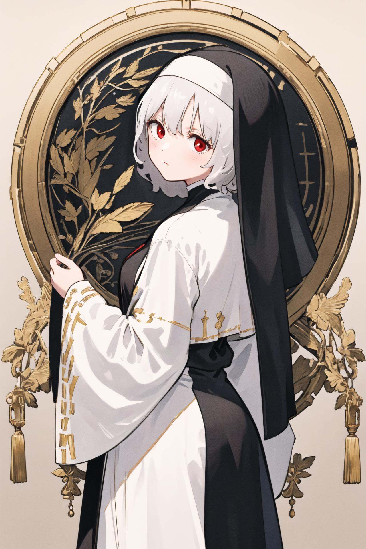 ((masterpiece, best quality)), 1girl, solo, white hair, short hair, undercut, red eyes, ((gold embroidered clothes:1.0), (black nun veil:1.0), (black cassock:1.0)), (art nouveau:1.3), detailed gold pattern background, looking back