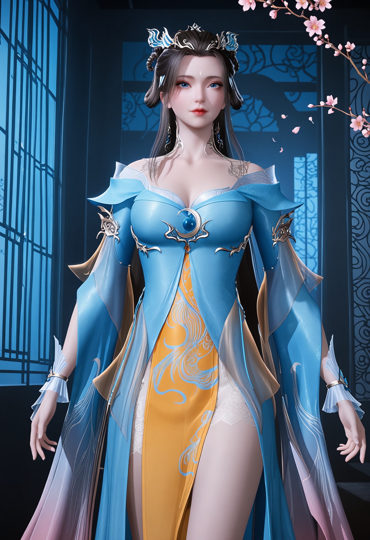 (cowboy shot:1.2),(gigantic breasts:0.7),(looking at viewer:1.1),facing viewer,direct gaze,(masterpiece:1.1),(best quality:1.2),(intricate details),(smog:1.3),(Dark room:1.3),(dim lighting:1.3),peach blossom,falling petals,<lora:YQ_Illustrious光辉v5_侯烟岚_V1:0.8>,1girl,q1528437228,solo,long hair,hair ornament,dress,black hair,jewelry,blue eyes,hair rings,hair bun,earrings,forehead mark,brown hair,bracelet,masterpiece,(best quality),(intricate details:0.9) BREAK (intricate details:0.9),(realistic skin:1.2),masterpiece,best quality,newest,absurdres,hiahres,