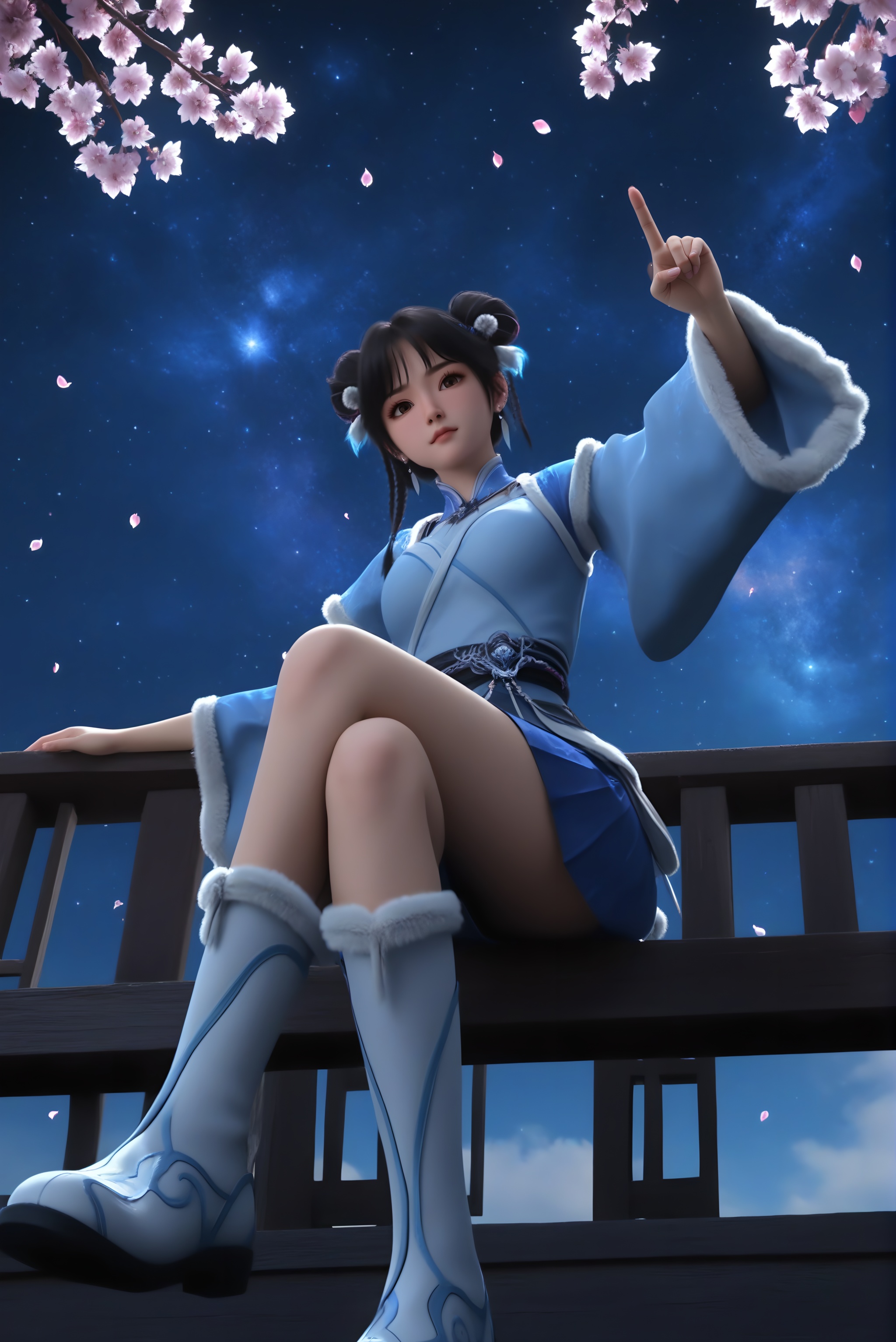 (score_9),slender,(glamor:1.1),1girl,solo,<lora:宁小龄pony:0.82>,black hair,braid,hair ornament,double bun,brown eyes,earrings,light blush,head tilt,jitome,high collar,blue-white gradient hanfu,chinese clothing,metal pendant,fur-trimmed boots,skirt,white fur-trimmed boots,(pointing_at_viewer),pointing,(index_finger_raised),sitting,from below,(pov front low view),crossed legs,one hand up,BREAKdepth of field,Volumetric Lighting,Tyndall effect,Cinematic Lighting,twig,branch,falling petals,starry_sky,hyper_galaxy,handrail,