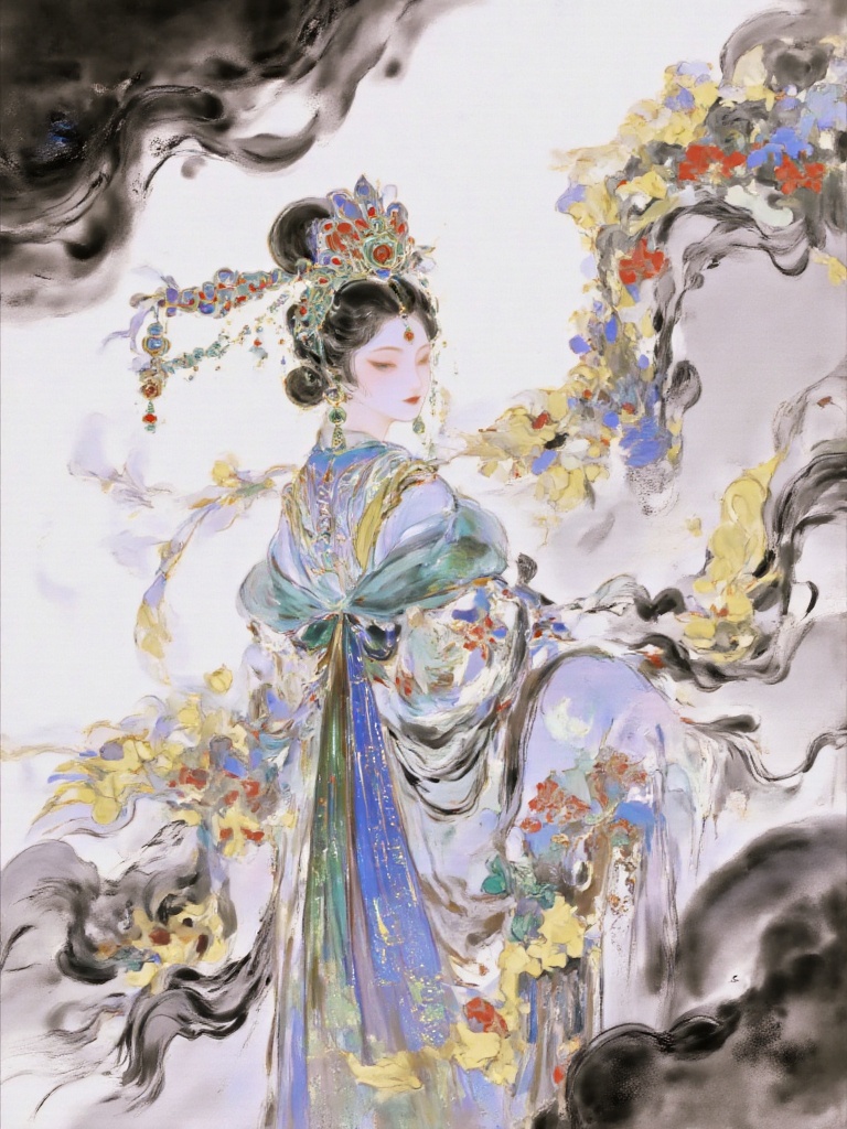 bai,This is a beautiful hand-painted ink-wash ink-wash illustration in ancient Chinese style. The picture depicts a cold and elegant beauty with her back to the side and head turned, looking back (her body slightly leans, her long black hair curls in the wind, and the hair strands are lively and curly like waves). Her green eyes have a faint light, her lips are rich and bright, and her skin has a cold and bluish luster. The forehead is adorned with a red and green pendant chain (linked by gold chains, with a lustrous pendant), and the earrings are designed with multiple tassels (inlaid with green pine and colored beads, flowing gracefully). The wearer is dressed in a traditional robe embroidered with indigo and dark green patterns (with a stand-up collar and fine patterns like meticulous brushwork). The background is surrounded by black twisted vines (interwoven with hair strands, with flowing brushstrokes of ink wash), dotted with yellow half-blooming peonies and red berries, and the light blue background is blurred with ink wash. The style blends the fluidity of ink wash (the dynamics of hair and branches) with the contrast of rich colors (indigo robe × yellow and red accents), creating an atmosphere of eerie elegance, mystery and cold beauty.