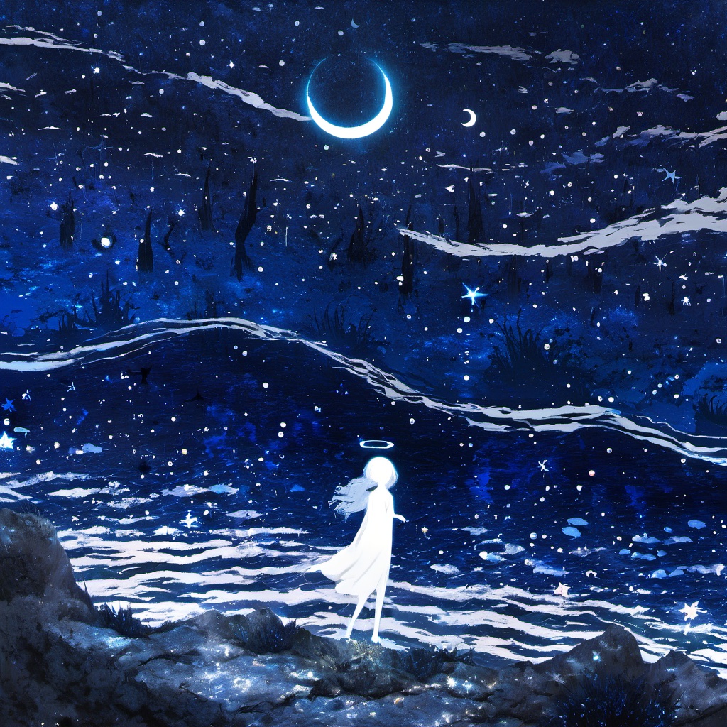 <lora:star_xl_v2:1>,a painting of a girl standing on a hill with a moon and stars in the sky above her head, 1girl, solo, dress, standing, outdoors, sky, water, white dress, night, glowing, halo, moon, star \(sky\), night sky, scenery, starry sky, silhouette, crescent moon, pillar, long hair, floating, blue theme, fantasy, The image portrays a serene nighttime scene with a silhouette of a female figure standing on a rocky terrain. She has a halo around her head, suggesting a celestial or ethereal nature. The sky is filled with stars, and there's a crescent moon visible in the top right corner. Above her, there are fish swimming in the vast expanse of the cosmos. The entire scene is bathed in a deep blue hue, giving it a dreamy and otherworldly ambiance., serene nighttime scene, silhouette of a female figure, halo around her head, stars, rocky terrain, fish swimming, deep blue hue
