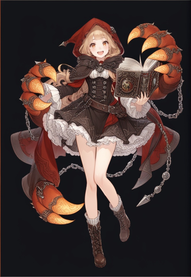 (best quality), ((masterpiece)), (highres), illustration, original, extremely detailed,   <lora:死の爱丽丝:0.7>1girl, boots, solo, full body, blonde hair, hood, book, looking at viewer, frills, hood up, dress, open mouth, white background, orange eyes, smile, long hair, :d, claws, sleeves past wrists, frilled dress, bangs, simple background, belt, cloak, long sleeves, red hood, chain, hooded cloak, frilled sleeves