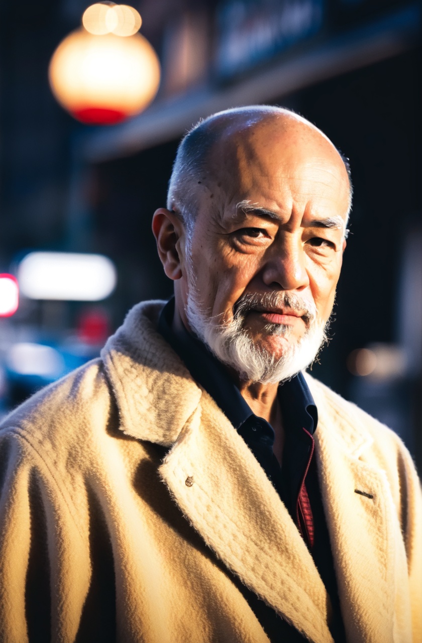 masterpiece,best quality,absurdres,1boy,looking at viewer,parted lips,upper body,blurry background,coat,brown eyes,street,facing viewer,asian,bald,old man,beard,