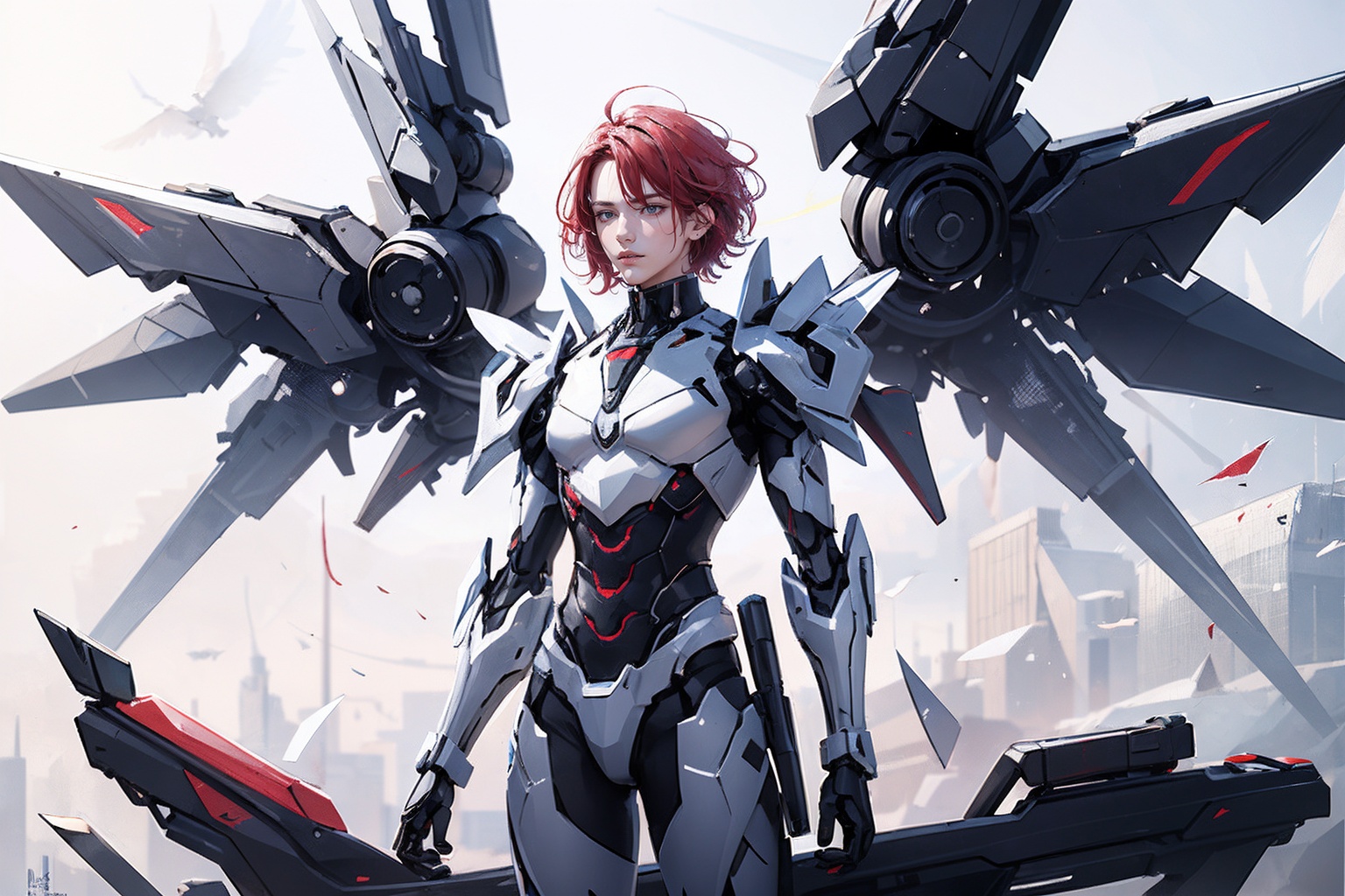 1boy,concept artwork,red hair,(a lonely solo boy:1.4),sky,wing,sitting on the ground,wings with fans,graphics card fan,strong male mecha warrior,mighty and domineering,cool mecha,32k,blue and white color scheme,white armor,<lora:atai_20240121203524-000008:0.7>,white_background,standing,cowboy_shot,