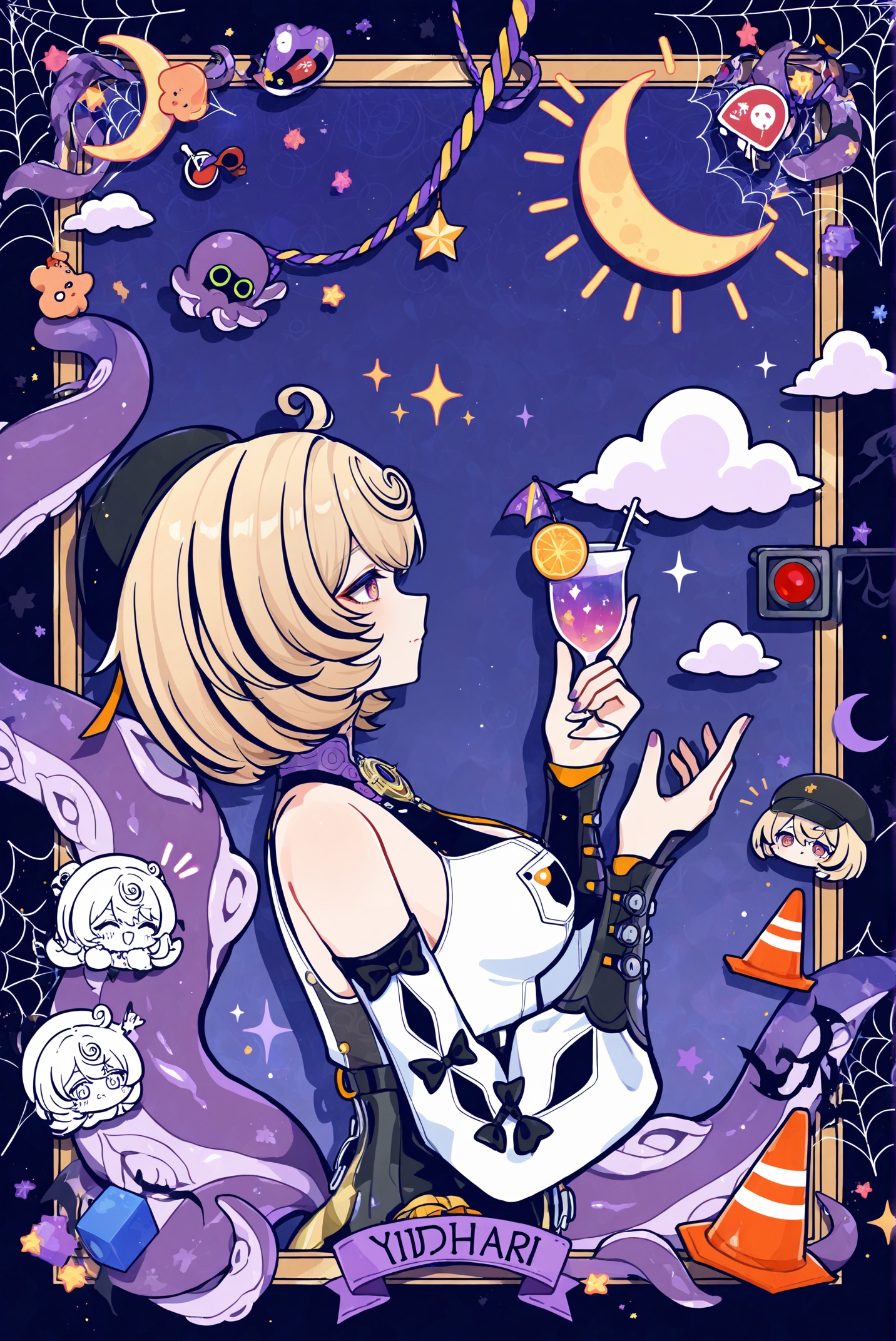 1girl,::,__artist__,year 2024,(drop shadow:1.4),(close-up:0.8),(shadow:1.2),(hands up:1.2),(border:1.2),(outside border:1.2),(hand up:1.2),(character name:1.2),from side,hand up,closed mouth,upper body,high contrast,holding cup,frown,looking at another,looking at viewer,rope,portrait,drop shadow,sparkle,^ ^,flag,moon,bug,notice lines,cloud,spider,traffic cone,star \(symbol\),circle,silk,traffic light,arrow \(symbol\),spider web,purple theme,sun,cube,crescent moon,flower,sunlight,colorful,very awa,masterpiece,best quality,newest,highres,absurdres,chibi octopus,<lora:Yidhari-will-Tanger:0.9>,Yidhari Murphy \(Zenless Zone Zero\),clothes: Yidharidef corset,Yidharidef Tentacle-like tail,Yidharidef single black garter,Yidharidef detached sleeves,Yidharidef Beret,1girl,breasts,blonde hair,black headwear,torn right  single thighhigh,short hair,black footwear,high heels,ahoge,tentacles,garter straps,bangs,