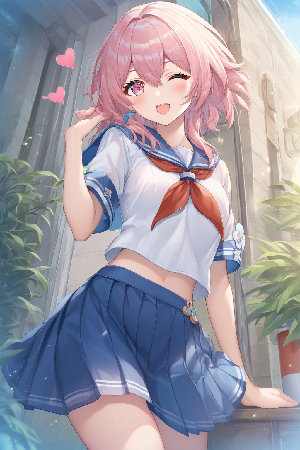 score_9,score_8_up,score_7_up,score_6_up,source_anime,source_cartoon,<lora:march 7thTponyXL-000008:0.6>,march 7th \(honkai: star rail\),1girl,pink hair,solo,\school uniform,one eye closed,skirt,\ sailor collar,pink eyes,serafuku,neckerchief,medium hair,blue skirt,open mouth,shirt,white shirt,smile,looking at viewer,red neckerchief,pleated skirt,blue sailor collar,short sleeves,\blush,cowboy shot,\ heart,\ hair between eyes,midriff peek,multicolored eyes,