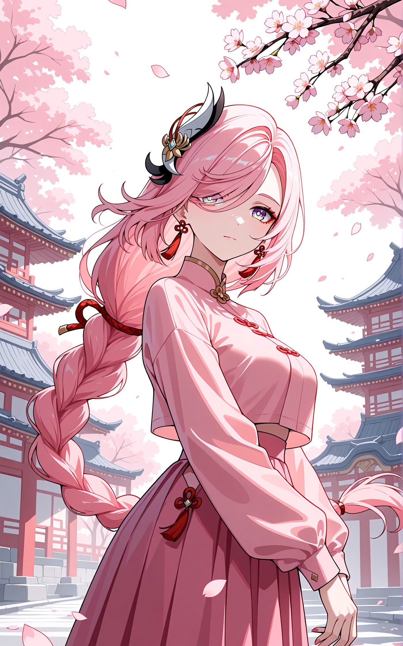 <lora:noobai_v-niji style-v2-000020:0.8>,niji style,enhance light and shadow,1girl,hair ornament,pink hair,shenhe (genshin impact),long hair,solo,cherry blossoms,outdoors,pink skirt,earrings,looking at viewer,jewelry,tassel,breasts,flower,tassel earrings,braid,hair over one eye,east asian architecture,large breasts,architecture,alternate costume,purple eyes,very long hair,petals,hair flower,pink theme,long sleeves,nail polish,closed mouth,pink shirt,braided ponytail,falling petals,blue eyes,floating hair,skirt,shirt,cowboy shot,