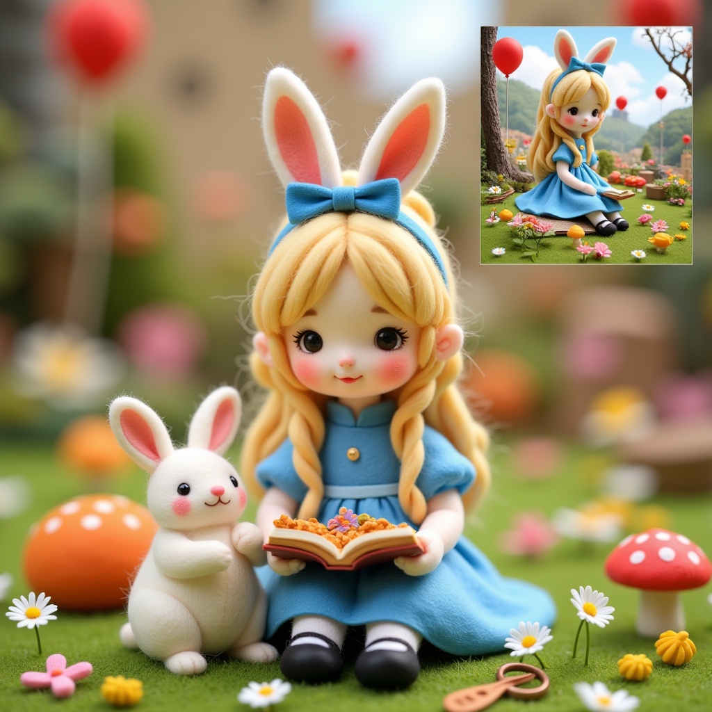 Texture of yarn,1girl,3d,alice \(alice in wonderland\),animal,balloon,blonde hair,blue bow,blue dress,blue ribbon,blurry,blurry background,blurry foreground,bokeh,book,bow,bunny,chromatic aberration,depth of field,dress,food,holding book,motion blur,mouse,mushroom,needle,open book,photo \(medium\),photo inset,pocket watch,rainbow,reference inset,sitting,stuffed animal,stuffed bunny,stuffed toy,teddy bear,unconventional media,white rabbit \(alice in wonderland\),