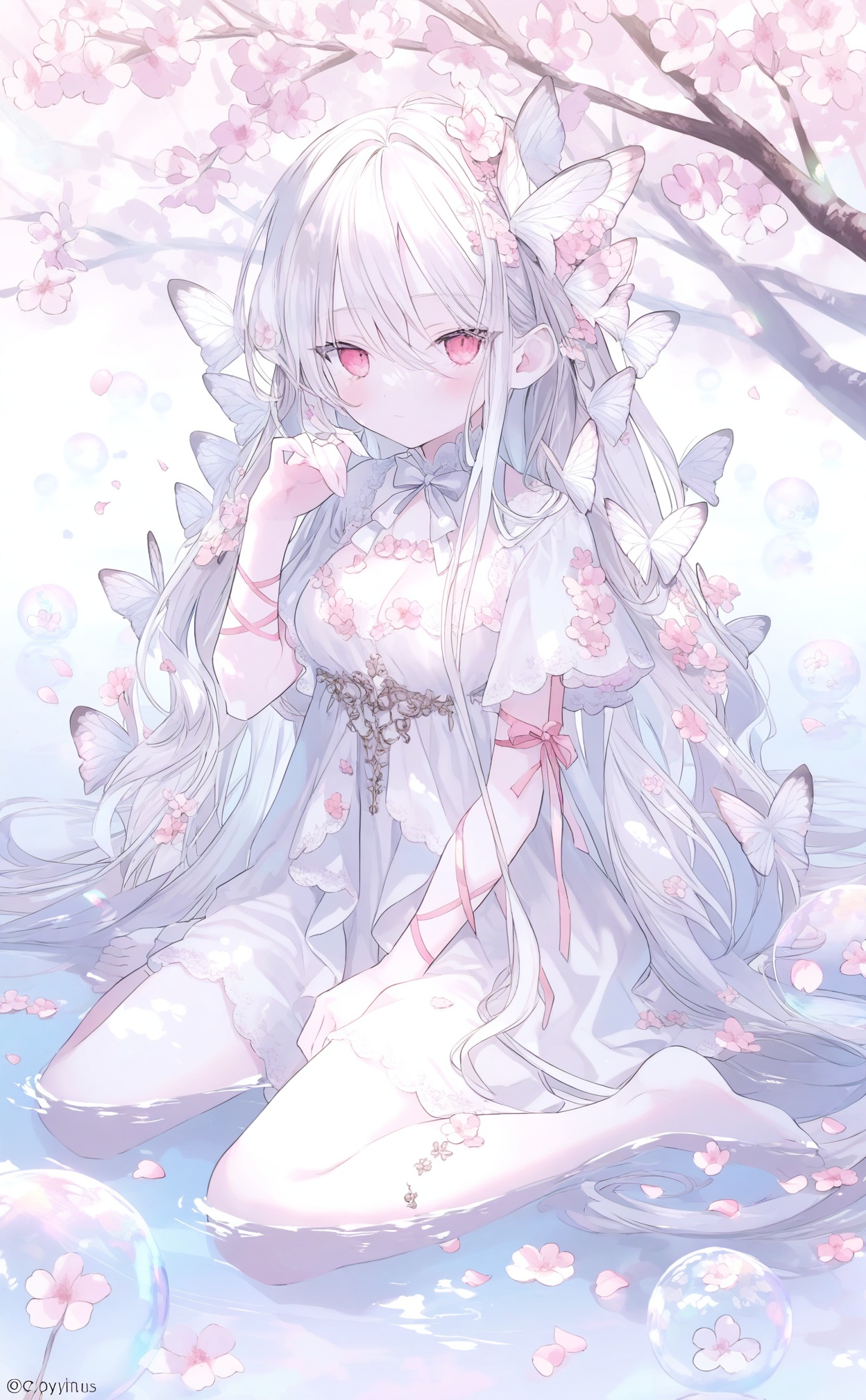 masterpiece,absurdres,best quality,loli,petite,high quality,chromatic_aberration,//,1girl, butterfly, solo, bug, white butterfly, dress, long hair, white dress, white hair, sitting, flower, looking at viewer, cherry blossoms, branch, white flower, barefoot, wariza, very long hair, petals, hair ornament, water, hand up, bubble, hair between eyes, pink eyes, breasts, pink flower, butterfly hair ornament, arm ribbon, short sleeves, full body, closed mouth, red eyes, bow, partially submerged, medium breasts, artist name//,<lora:guimao2025.10.24——【noob】hans:1>,