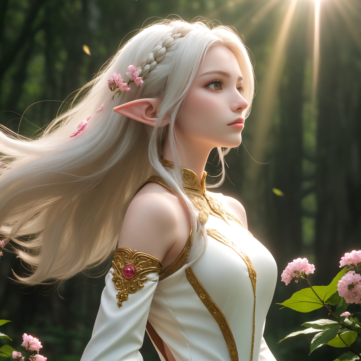 (masterpiece, best quality, high quality, highres, ultra-detailed),realistic,1 sweet girl,the greater lord rukkhadevata,(side braid:1.1),long hair,((white hair)),leaf hair ornament,(pointy ears),elf,green eyes,pale skin,bare shoulders,(medium breasts),jewelry,white long dress,(detached sleeves:1.1),bracelet,(looking away:1.2),(hair floating:1.3),from side,(in forest:1.3),(pink flowers:1.1),(falling petals:1.1),(lens flare from right:1.2),(god rays from right:1.2),