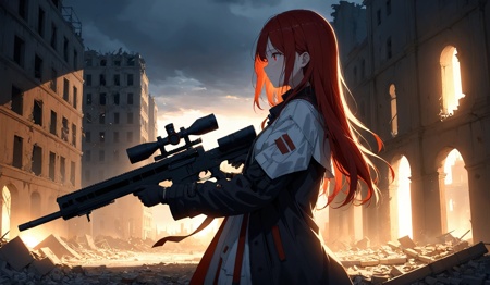 1girl, solo, holding sniper rifle, red hair, long hair, ruined city, outdoors, crying, standing, from side, dynamic,masterpiece, best quality,bloom effect, transparent, soft lighting, dynamic lighting, (front light:1.5), brighter face