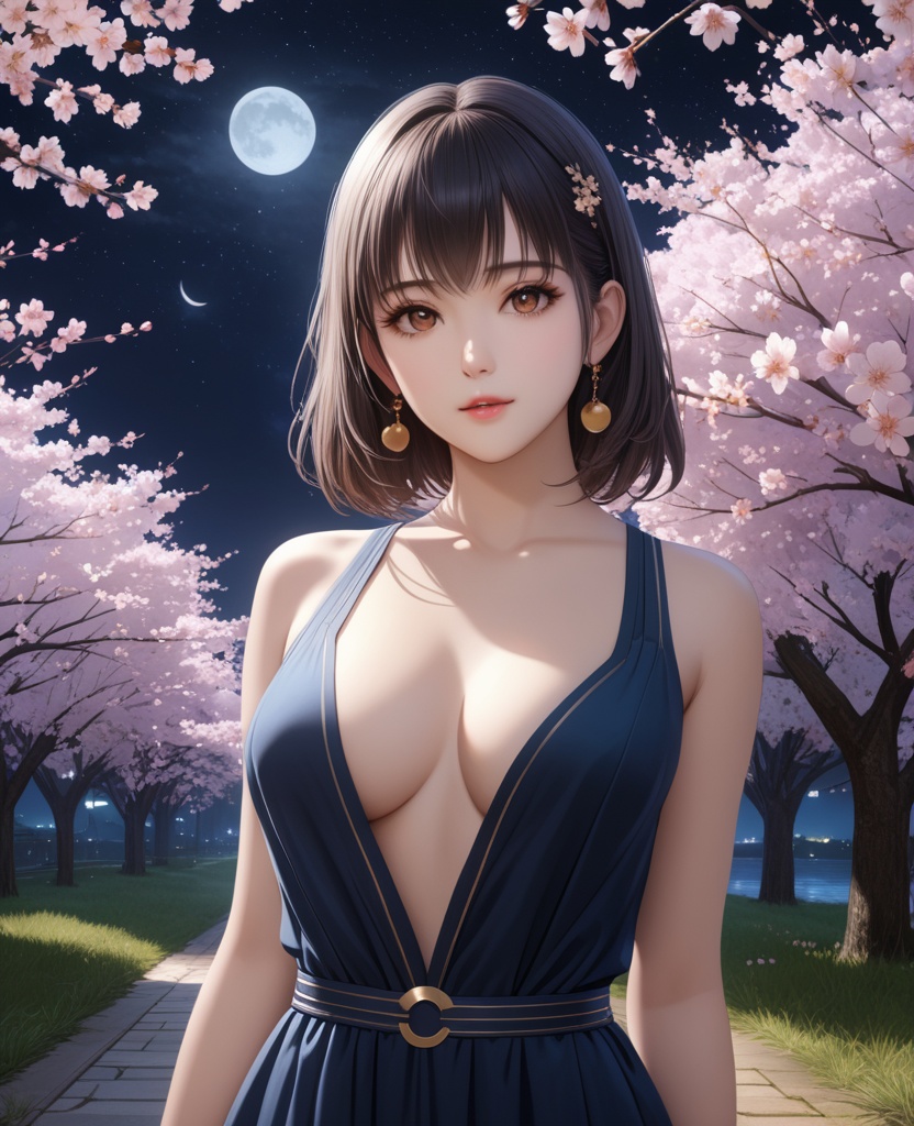 (,1girl, ,best quality, ),looking at viewer,masterpiece,(( , )),, realistic,science fiction,mole,,ultra realistic 8k cg,     ,cherry blossoms,,night, night sky, crescent moon, moonlight,,(facing viewer, looking at viewer, , ),  (cleavage), (),