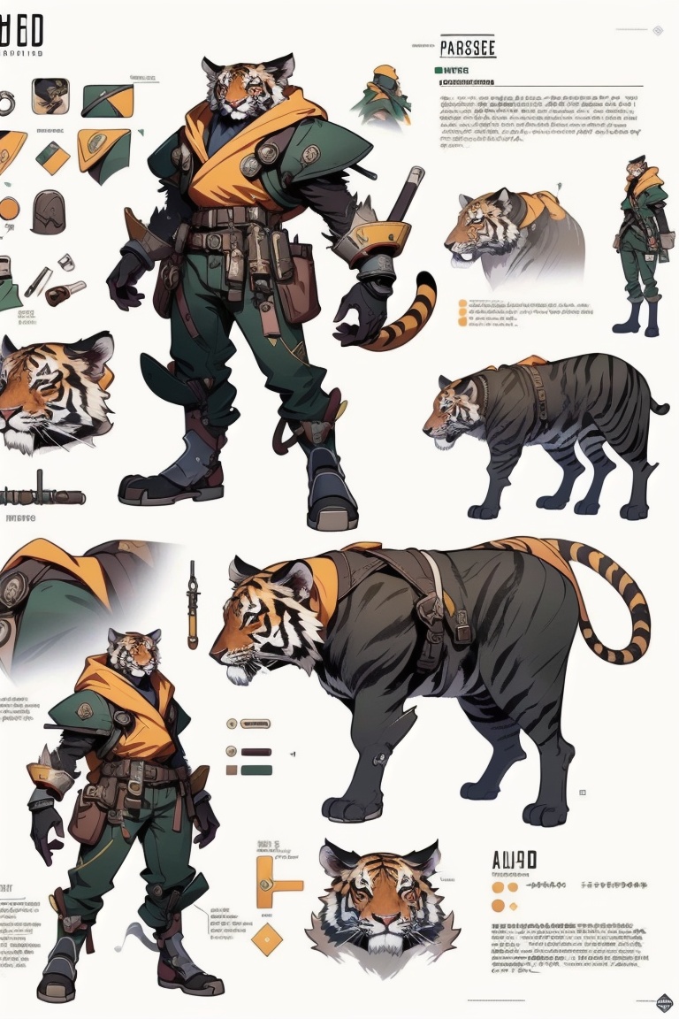 ((HRD, HUD, 8K)),((masterpiece, best quality)), highly detailed,game character design,multiple views, reference sheet, simple background, white background, concept art, tiger,  <lora:20231226-1703587104099:1>