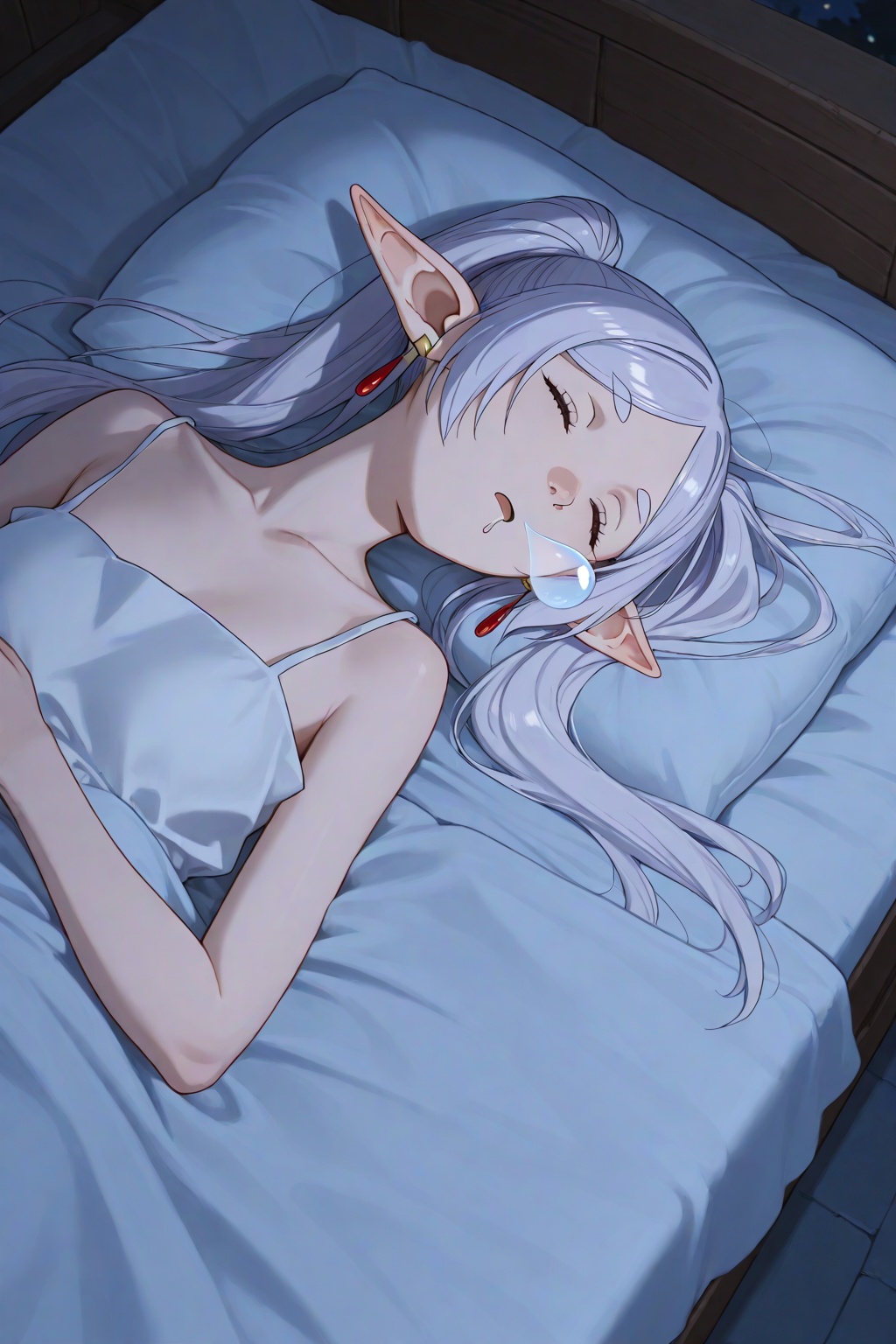 embedding:IllusP0s,nose bubble,sleeping,drooling,1girl,from above,bed,frieren,night,