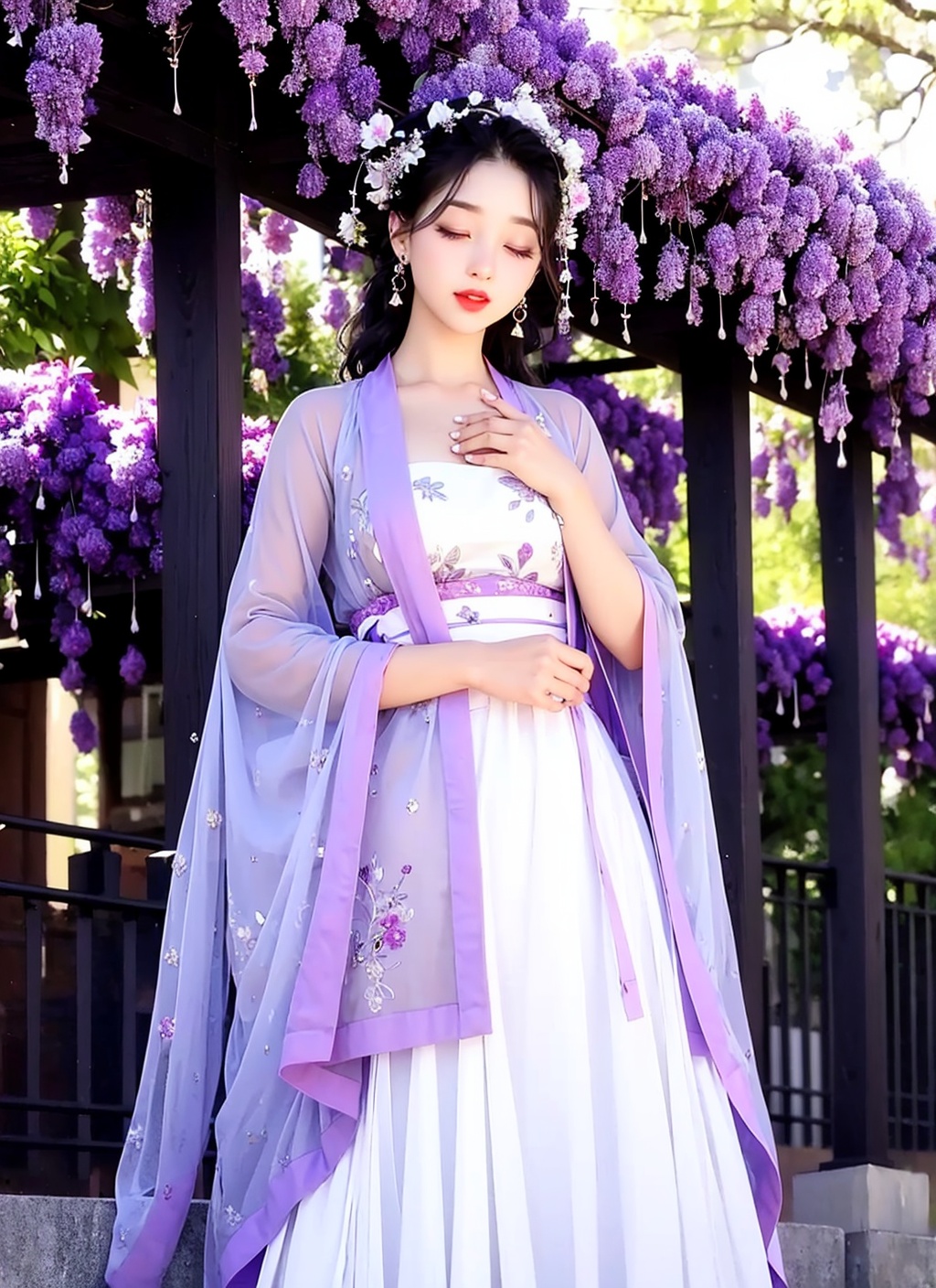 1 girl, Diamond earrings ,lipstick,,close one's eyes,,close-fitting,black hair,,, ,embroider，solo，Hanfu，close the eyes，chest，red，wisteria，  <lora:紫葡萄汉服:1>