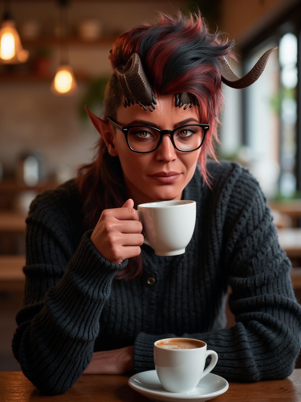 sdwhrt,  woman wearing a black sweater,  she is sitting at a table casually drinking coffee on Tensor.Art