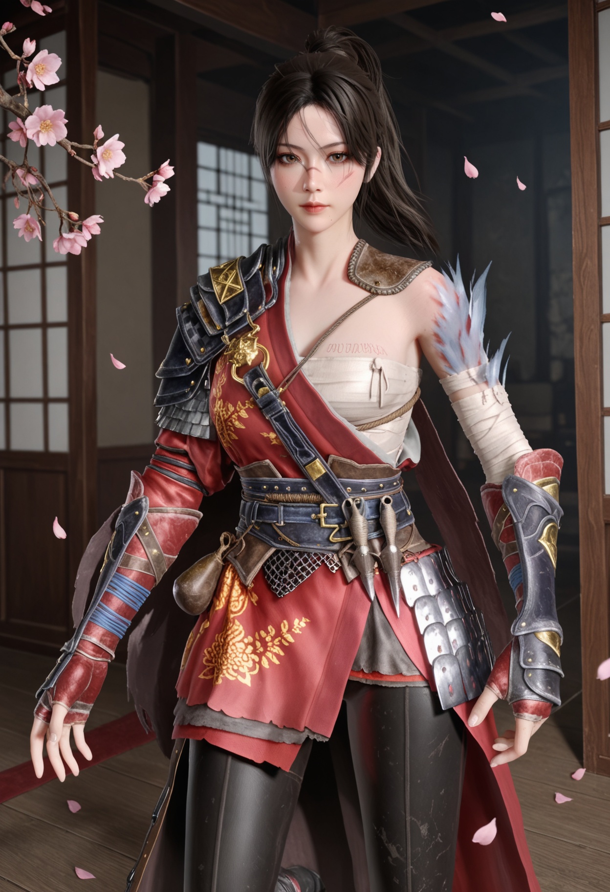 (upper_body:1.2),(looking at viewer:1.1),masterpiece,(best quality),smog,Dark room,dim lighting,peach blossom,falling petals,<lora:YQ_Illustrious光辉v5_白梓芸_V1:0.8>,q1528437228,1girl,solo,armor,black hair,ponytail,shoulder armor,brown eyes,sarashi,chinese clothes,brown hair,long hair,gloves,boots,scar,pants,hair bun,fingerless gloves,pauldrons,single hair bun,bandages,scar on face,sheath,cape,belt,short hair,mole under mouth,black pants,sash,single pauldron,gauntlets,knee boots,