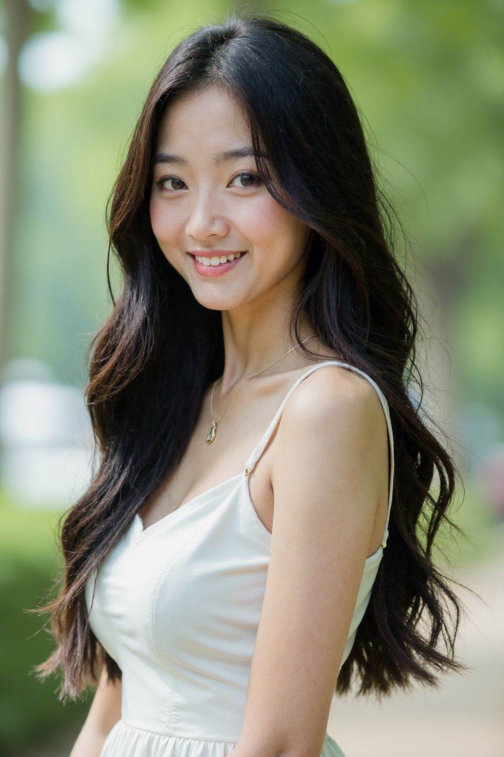 HDR photo of cinematic film still, This is a photograph of a young Asian girl, solo, long hair, looking at viewer, large breasts, black hair, brown eyes, smile, white dress, realistic, outdoors,
