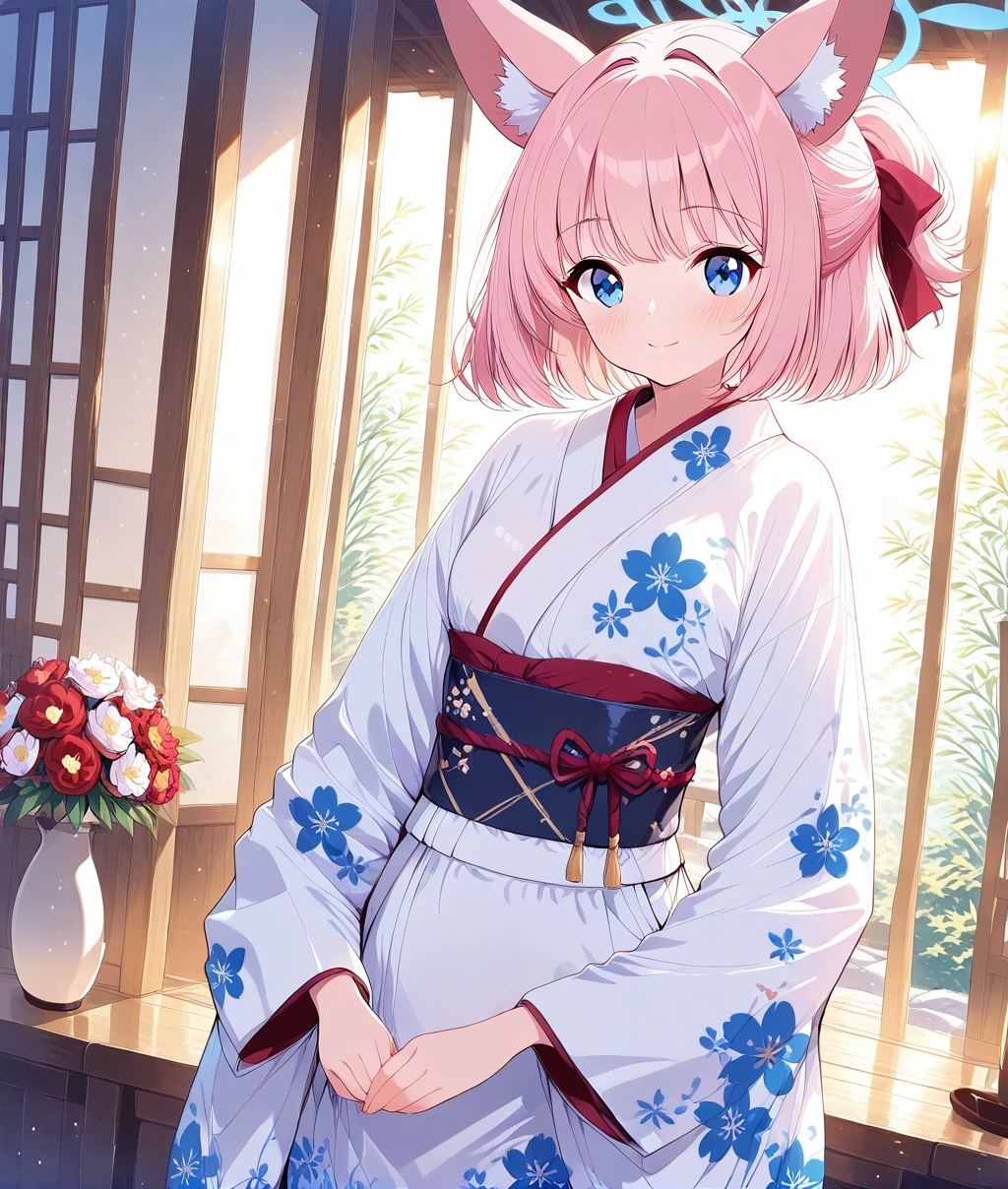 O,ultra detailed anime texture,Yazawa Nico(blue archive),Blue aura,Yazawa Nico(blue archive),1girl, solo, animal ears, japanese clothes, halo, pink hair, kimono, blue eyes, smile, sash, animal ear fluff, looking at viewer, bangs, floral print, own hands together, obi, closed mouth, short hair, white kimono, long sleeves, standing, blush, print kimono, wide sleeves, fox ears, breasts, ribbon, indoors, hair ribbon, hair intakes, red ribbon, medium breasts,(UHD),ccurate,super detail,award winning,high quality,best quality,high details,textured skin,anatomically correct,retina,HD,16k,