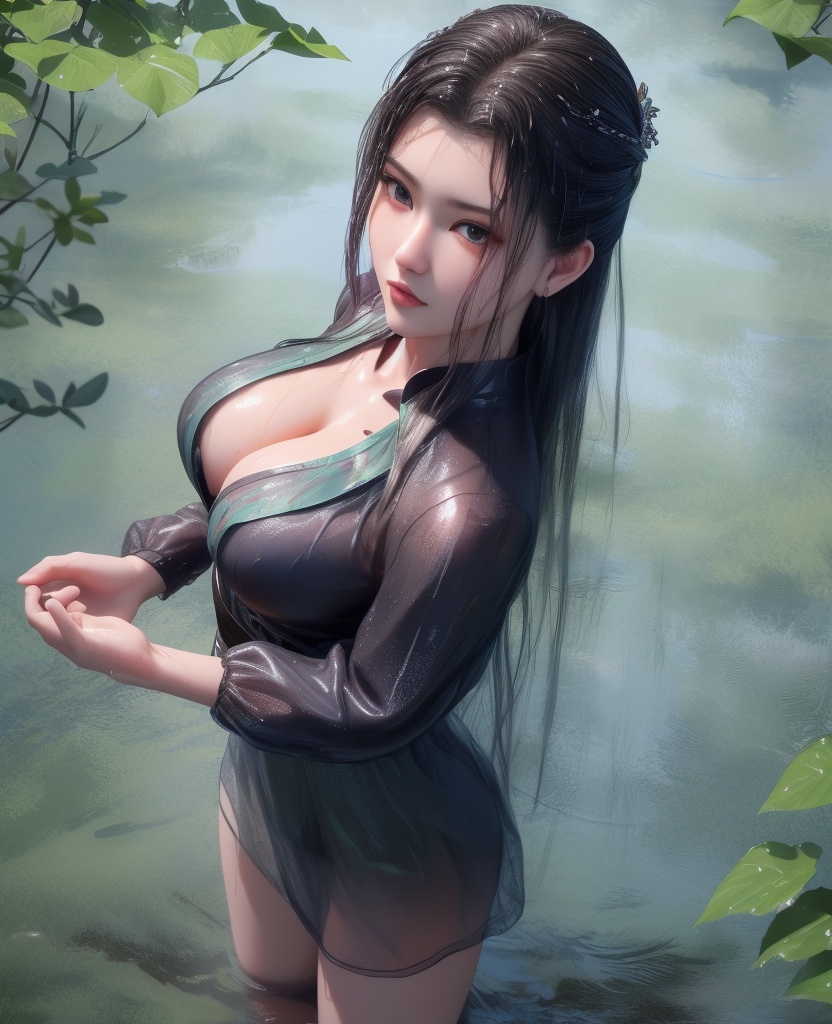 <lora:548-DA-师兄啊师克-碧霄:0.8>(,1girl, ,best quality, ),looking at viewer,  ,(Highest picture quality), (Master's work), full body, (ultra-detailed), the portrait is centered, 1girl, raiden shogun, nsfw, (wet clothes), blush, bare hips, (sheer shirt), (from above:1.7), (translucent dress), water drop, (rain), (outdoors), stained, wet hair, wet dress, wet, scenery, (long hair), nature background, close up, ((on back)), water,masterpiece, best quality, ultra high res, highly detailed, (abstract expressionism art:1.4), [girl | fire ghost:10], love,, dark rainbow theme, colorful, visually stunning, beautiful, gorgeous, emotional, intricate, perferct shading, rainbow hair,upper body,(cleavage),