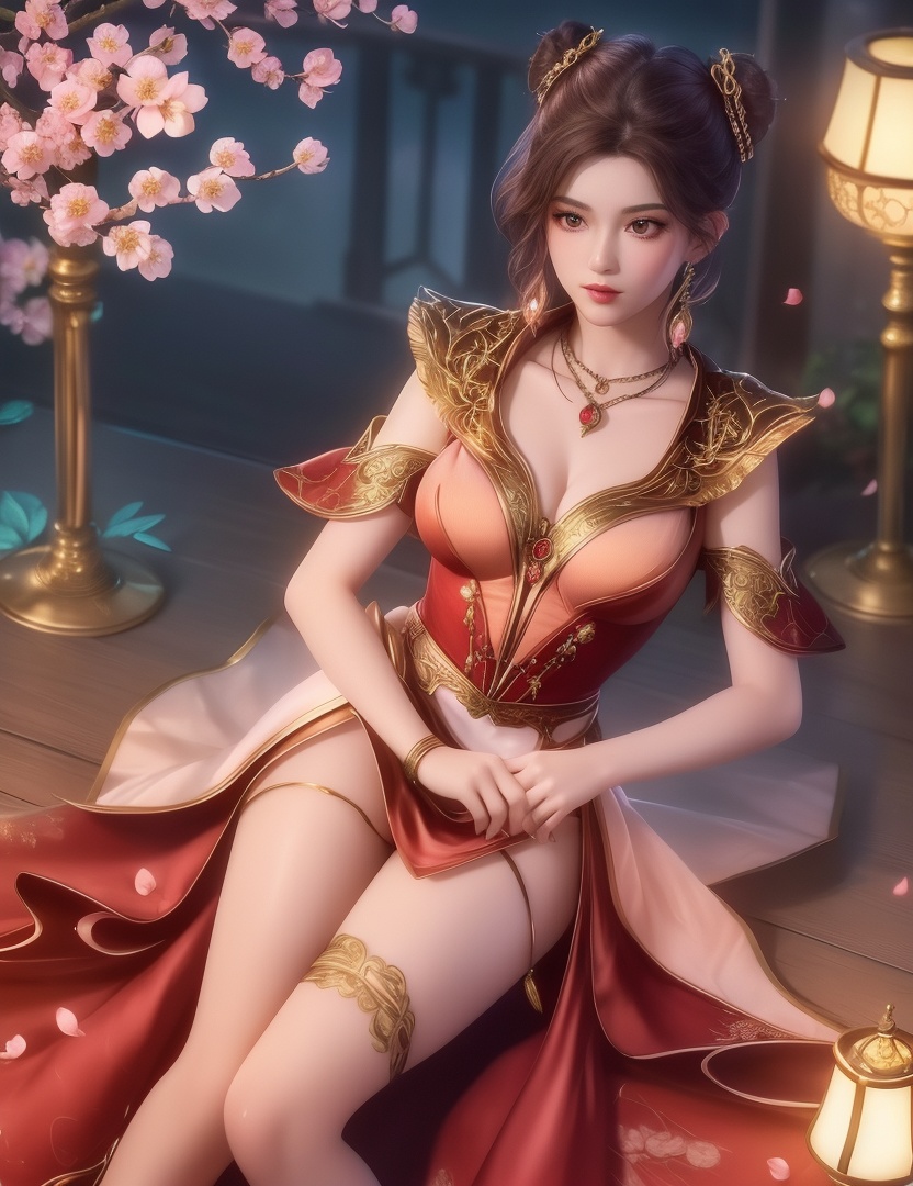 ultra realistic 8k cg, picture-perfect face, flawless, clean, masterpiece, professional artwork, famous artwork, cinematic lighting, cinematic bloom, perfect face, beautiful face, fantasy, dreamlike, unreal, science fiction,  beautiful clothes, lace, lace trim, lace-trimmed legwear,  (rich:1.4), prestige, luxury, jewelry, diamond, gold, pearl, gem, sapphire, ruby, emerald, intricate detail, delicate pattern, charming, alluring, seductive, erotic, enchanting, hair ornament, necklace, earrings, bracelet, armlet,halo((,1girl, pov,))(((,peach blossom, branch, 1girl, tree, spring_\(season\), solo, petals, black_hair, japanese_clothes,looking at viewer, )))    <lora:DA_MaXiaoTao:0.6>