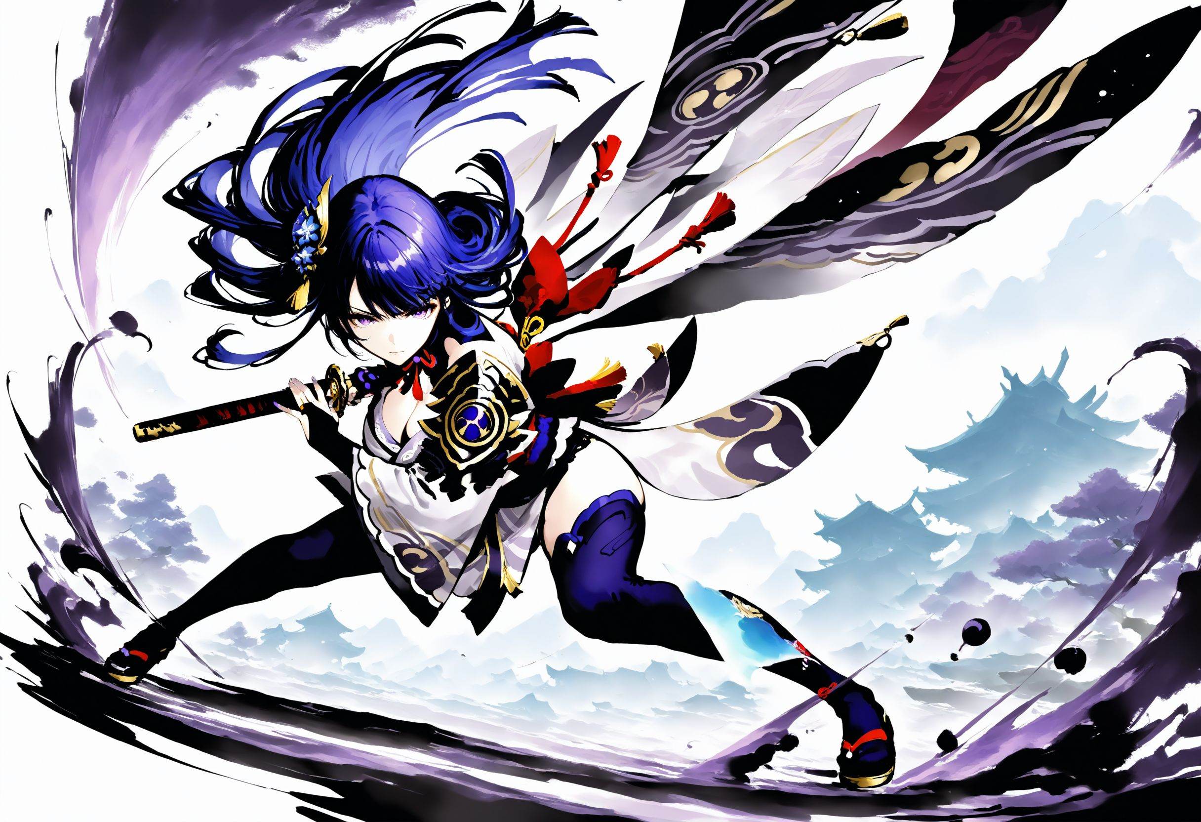 masterpiece,best quality,amazing quality,very aesthetic,1girl,solo,raiden shogun_(genshin_impact),alternate costume,looking at viewer,fighting stance,full body,holding sword,inkpaint,dynamic pose,,(anger), dragon horns, (silver armor), metal, complex pattern, cape, indifference,<lora:inkpaintv1:1>