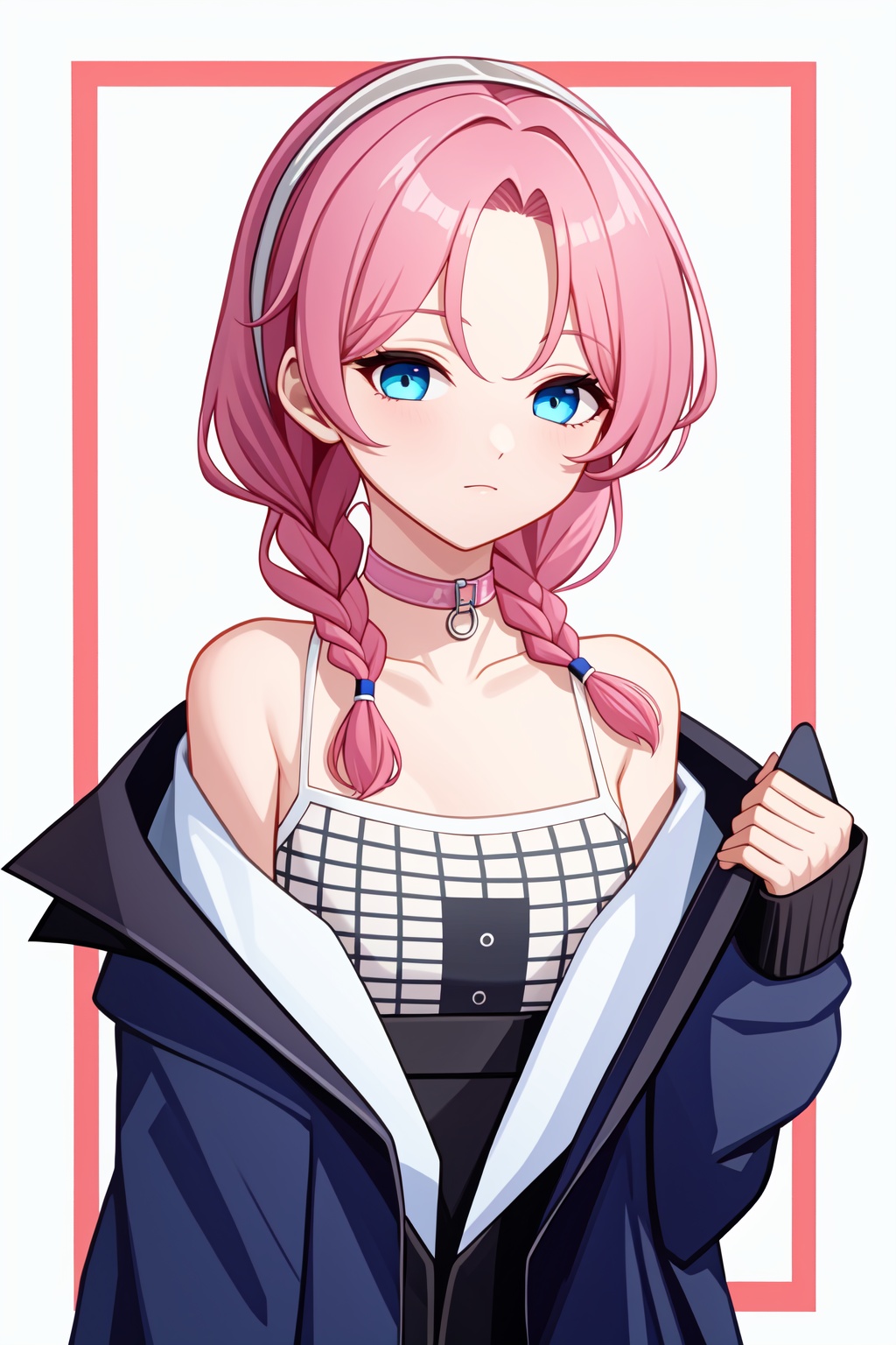 <lora:蓝毒:1>,a girl named arklandu,arklandu,1girl,long sleeves,open jacket,twin braids,official alternate costume,off shoulder,pink choker,spaghetti strap,, (masterpiece,best quality,high quality:1.4),absurdres,