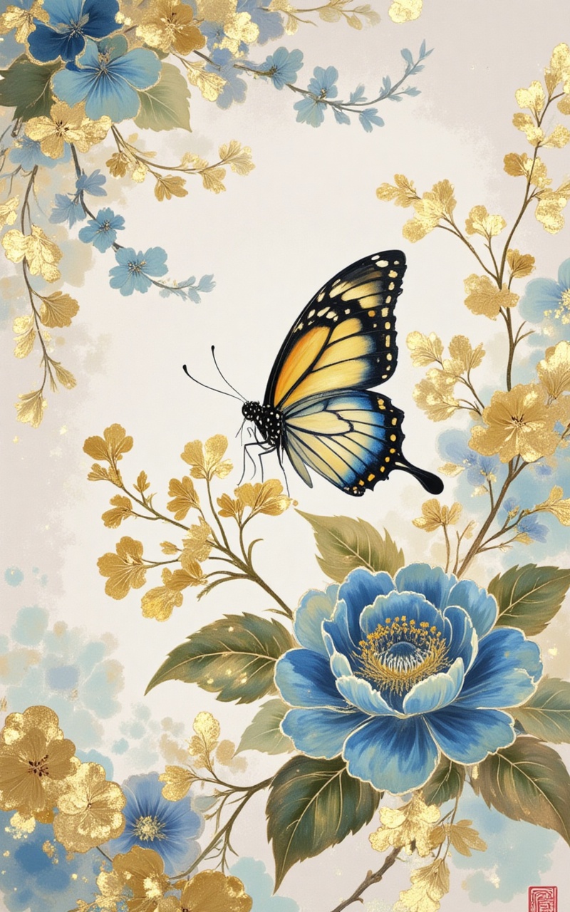 jinbo,lvjing,baoshi,no humans,flower,bug,insect wings,blue flower,leaf,butterfly,yellow flower,butterfly wings,wings,painting \(medium\),30,