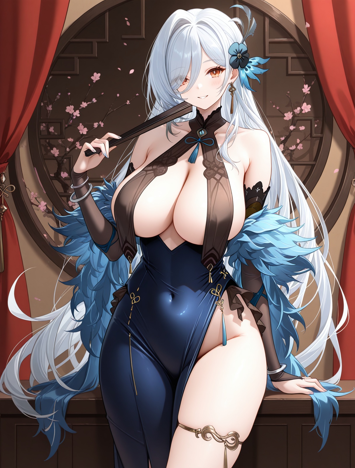 <lora:chang_wu_IL_v1.0:1>,chang wu \(azur lane\),smile,holding,hand fan,, masterpiece,best quality,
