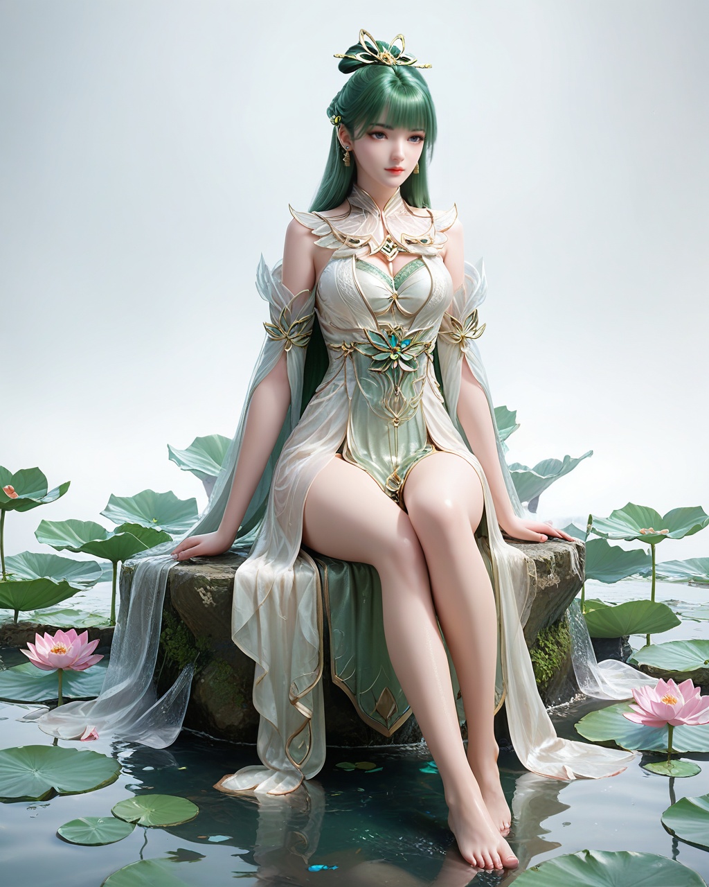 score_9,score_8_up,score_7_up,1girl,long hair,breast,medium breast,earrings,hair_ornament,dress,green hair,thick_thighs,<lora:wy_fuqu_XL7.0:0.8>,barefoot,sitting,pondel,lotus,sitting on the water,skindentation,<lora:细节B:0.5>,clear background,