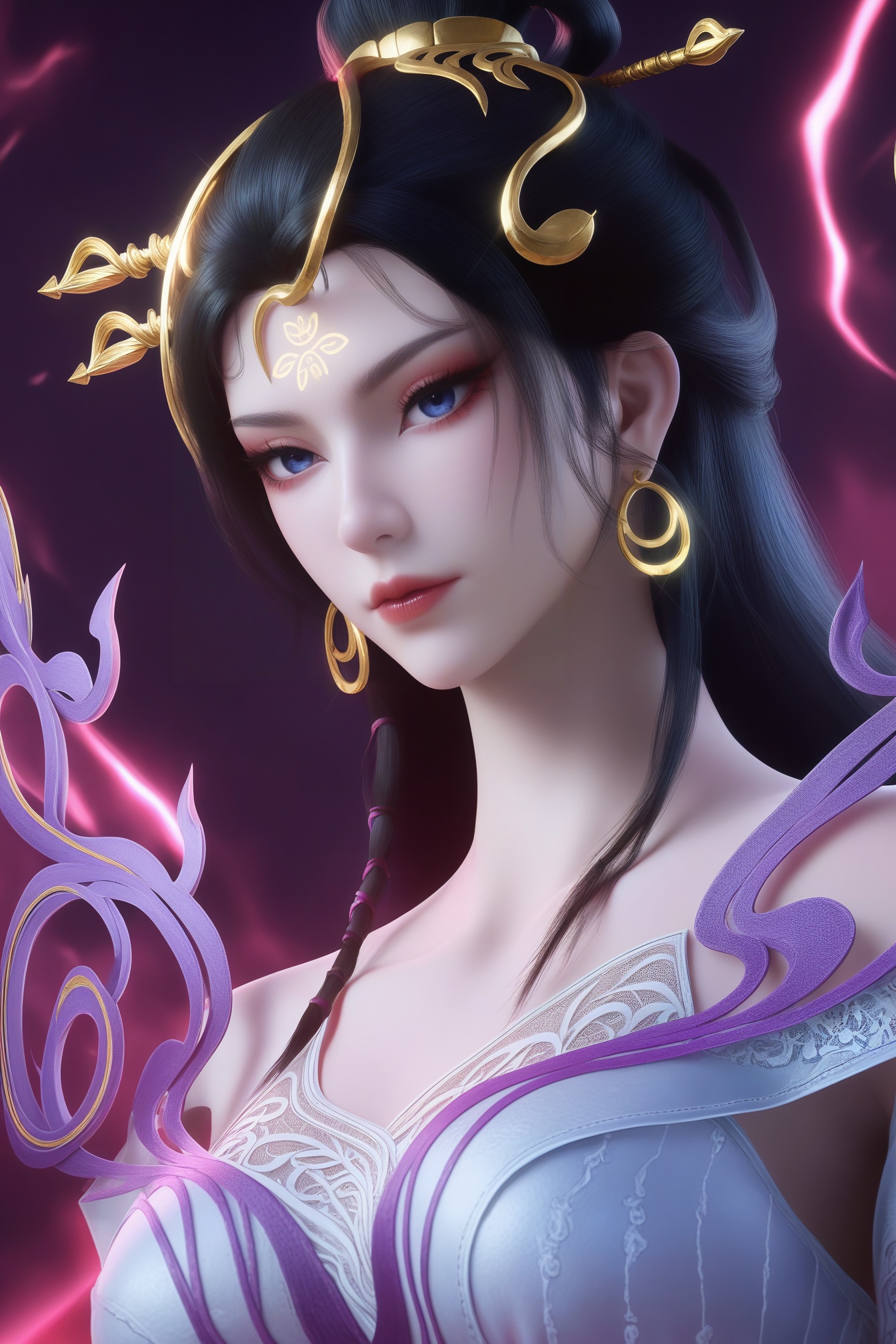 (score_9:1.2),score_8_up,score_7_up,8k,realistic,<lora:仙逆_魅姬_pony_V1:0.8>,1girl,black hair,long hair,makeup,fundoshi,jewelry,earrings,medium breasts,hair ornament,looking at viewer,chinese clothes,full_shot,This is a highly detailed digital CGI rendering of a beautiful Asian woman with pale skin,long black hair,and striking blue eyes.,including pink eyeshadow and red lipstick. Her forehead is adorned with a golden flower-like mark. She wears large,gold hoop earrings and intricate,white lace clothing with purple accents.,(shiny_skin),<lora:e色温:0.5>,white_background,simple_background,. octane render,highly detailed,volumetric,dramatic lighting,