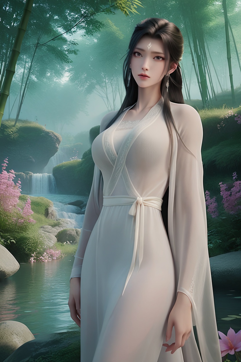 <lora:XL16诛仙陆雪琪单衣:0.95>,miss luxueqi,see-through robe,white lace bandeau,forehead mark,black hair,very long hair,long front strands,(large breasts:1.2),tree,flower,pink_flower,river,stone,flowers_Surrounded,looking at viewer,bamboo forest,, score_9,score_8_up,score_7_up,score_6_up,score_5_up,score_4_up,3d rendering,tag1,tag2, Cinematic Lighting,backlighting,