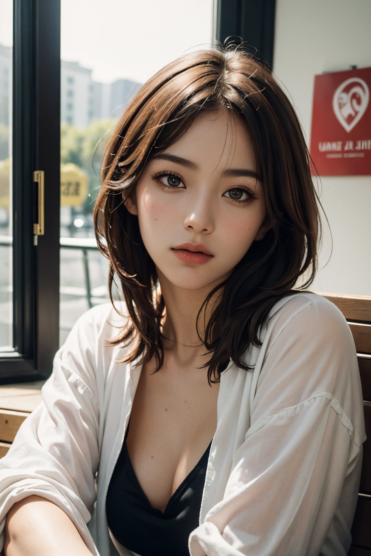 Best quality,masterpiece,ultra high res,(photorealistic:1.4),1girl,a woman sitting on a bench in front of a window with a sign that says chocolate ae on it,Chen Jiru,white background,a portrait,mannerism,solo,sunshine,beauty,