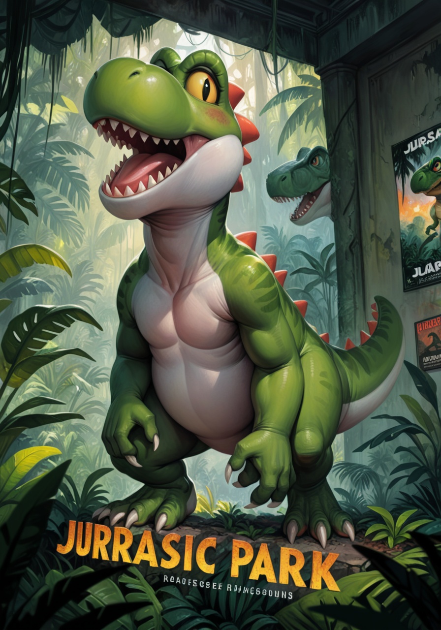 solo feral green yoshi tyrannosaurus rex,  yellow sclera,  claws on Tensor.Art