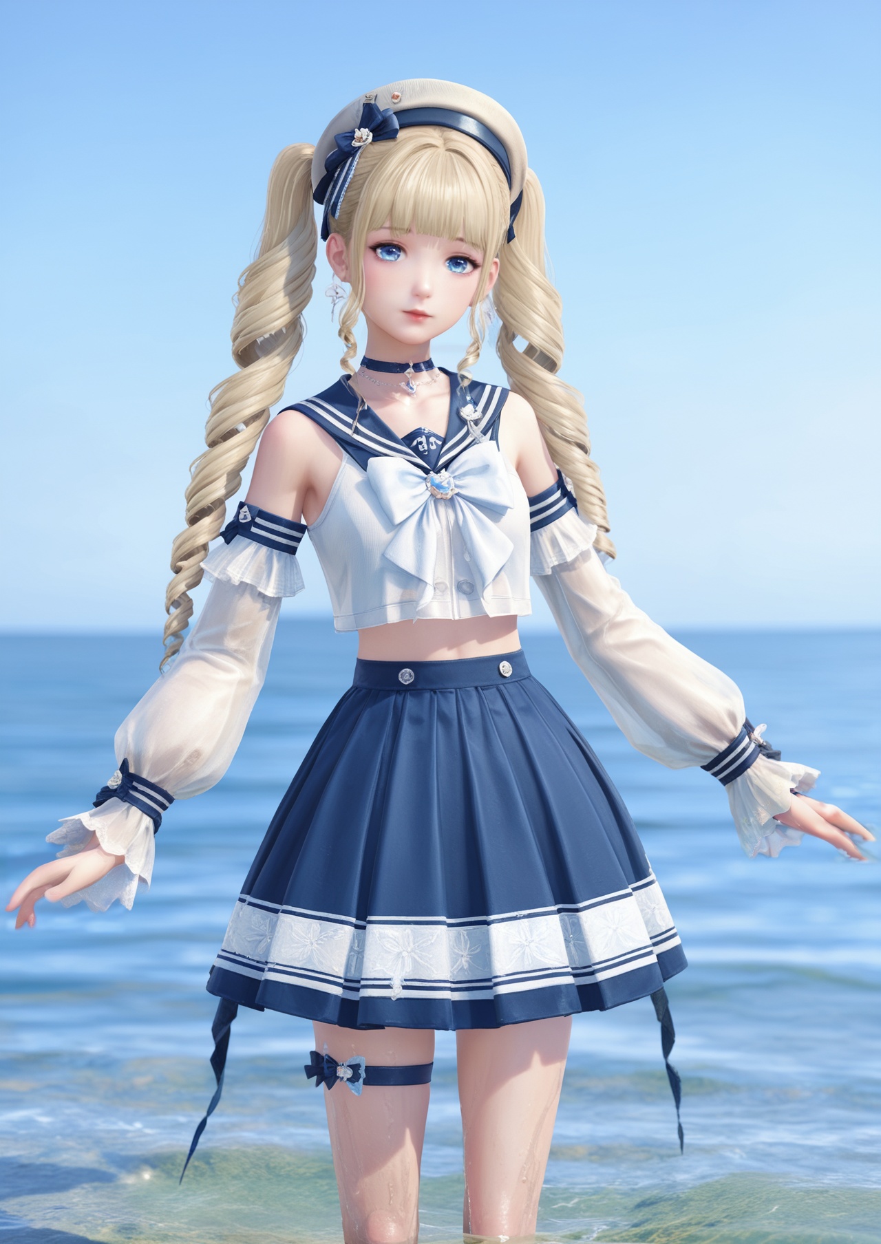 score_10,score_9,score_8_up,score_7_up,1girl,Nikki,beach,solo,blue eyes,swimsuit,outdoors,blonde hair,hat,detached sleeves,ocean,looking at viewer,twintails,drill hair,choker,day,blurry,blue sky,sailor collar,long hair,sailor hat,sky,holding,twin drills,blurry background,long sleeves,skirt,standing,thigh strap,flower,bow,water,sidelocks,