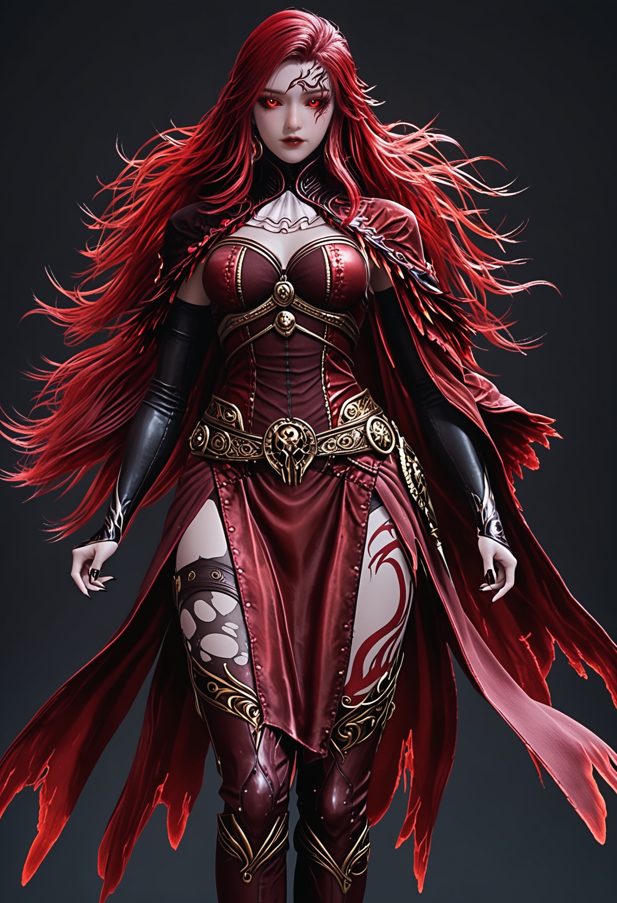 (upper_body:1.2),score_9,score_8_up,masterpiece,(best quality),intricate details,facing viewer,(looking at viewer:1.1),<lora:YQ_pony_maxiaotao_fuzhang2_V4:0.8>,q1528437228,1girl,solo,long hair,red hair,red eyes,dress,cape,belt,boots,jewelry,red dress,thighhighs,earrings,colored sclera,black sclera,high heels,torn clothes,tattoo,red cape,ascot,brown eyes,facial mark,gloves,armor,glowing eyes,red sclera,thigh boots,high heel boots,white ascot,black footwear,BREAK(score_9:1.2),(score_8_up:1.2),masterpiece,best quality,very aesthetic,perfect anatomy,(hourglass),perfect face,(simple background,pure black background,black background:1.1),fair_skin,(shiny_skin:1.1),Ivory_skin,