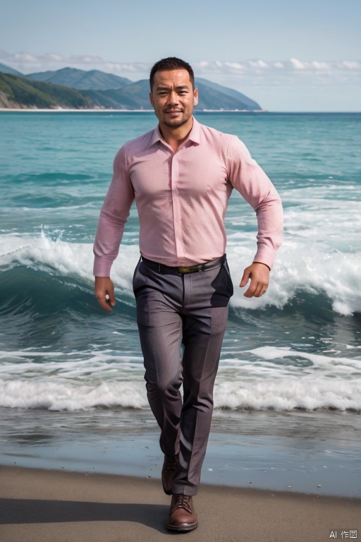 realistic, masterpiece, best quality, highres, ultra-detailed, hdr, 8k uhd, dslr, raw photo, high detailed skin, 1man,facial hair,full body,looking at viewer,smile,pink striped shirt,collared shirt,long sleeves,khaki brown pants,shirt tucked in, leather shoes,running, sea, ocean, waves, Sunlight, realism<lora:EMS-366985-EMS:0.700000>