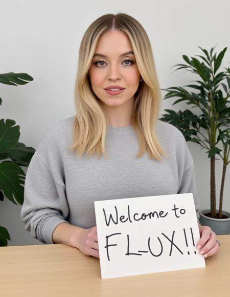 Instagram photo of a woman sitting at a table wearing a light grey sweatshirt,  holding a sign that has the writing "Welco...
