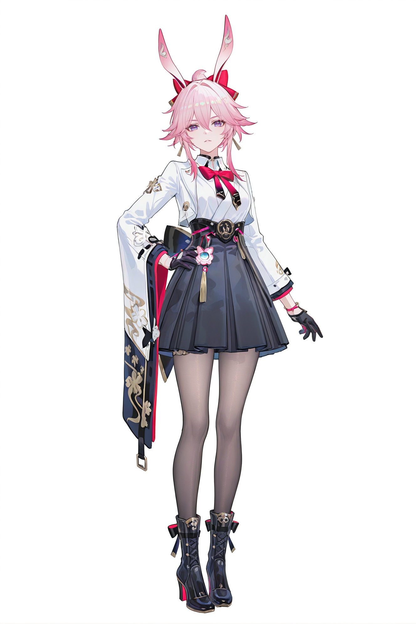 8k,best quality,masterpiece,(ultra-detailed),(high detailed skin),((artist:reoen),(artist:fuzichoco),(artist:atdan),(artist:torino_aqua),year 2024:0.8)1girl,[artist:wlop],[artist:ningen_mame],artist:ciloranko,[[artist:rhasta]],artist:tidsean,colorful,full body,full shot,standing,(solo:1.2),simple background,(white background:1.2),hand on own hip,(white background:1.1),looking at viewer,<lora:Evanescia-ill-Tanger-000014:0.8>,Evanescia \(Honkai: Star Rail\),yae sakura,clothes: white shirt and black skirt,1girl,bangs,long sleeves,bow,long animal ears,pink hair,boots,japanese clothes,black gloves,bowtie,black footwear,high heels,fox ears,white jacket,purple eyes,