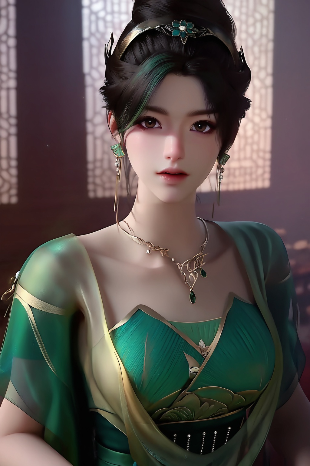 (looking at viewer:1.1),<lora:XL16神国之上唐雨:0.95>,miss tangyu,green corset dress,sheer overdress,brown eyes,black hair,green streaked hair,hair updo,necklace,bracelet,jewelry,(large breasts:1.2),, score_9,score_8_up,score_7_up,score_6_up,score_5_up,score_4_up,3d rendering,tag1,tag2, Cinematic Lighting,backlighting,