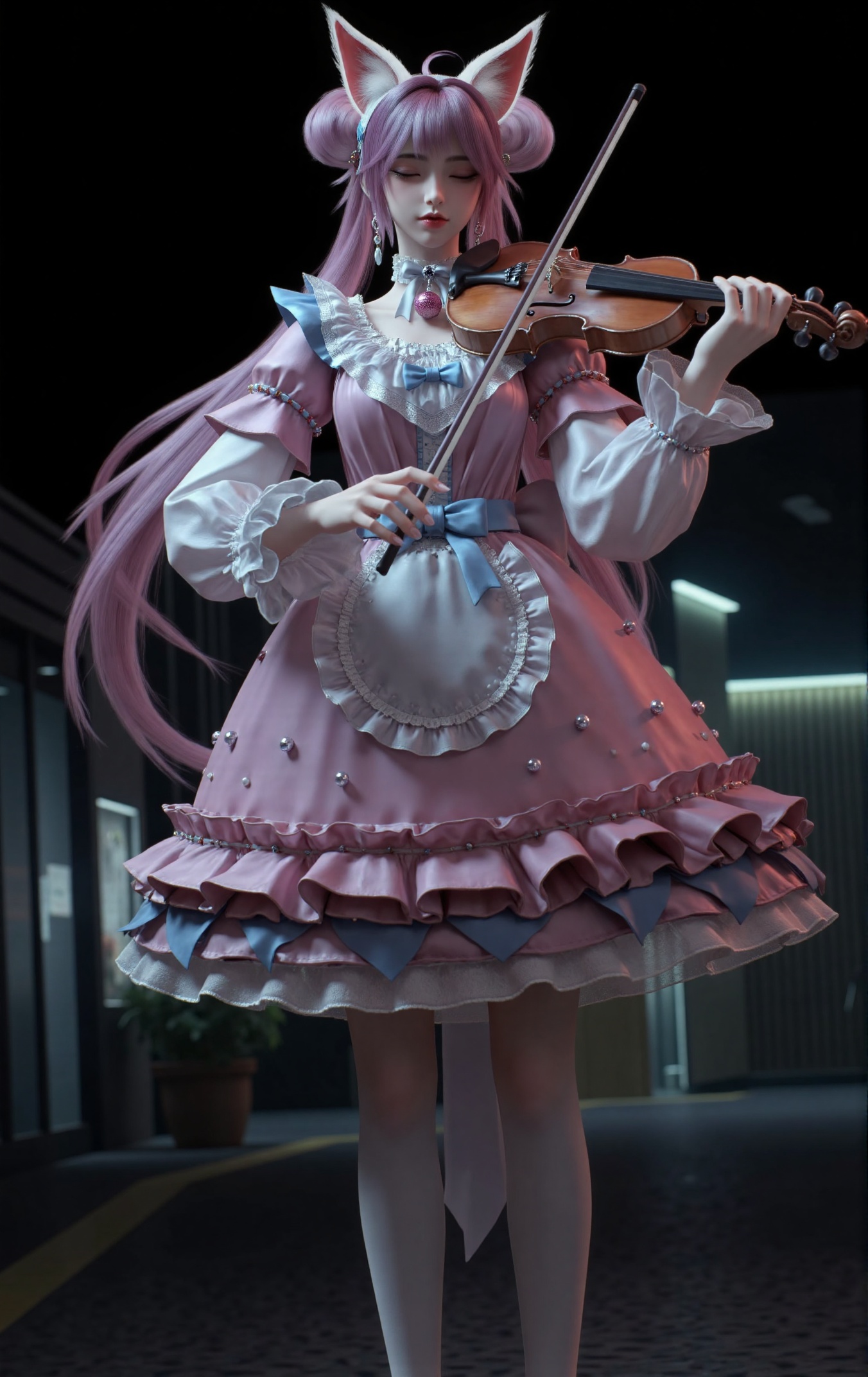 guatar,"A cinematic scene of Xiaoli,a young woman with long lavender hair styled in twin buns,sometimes with bangs framing her face. She has large expressive eyes,pale skin,and red lips. Pink-furred cat ears are either part of her hairstyle or worn as a headband. Wearing a frilly pink and blue maid outfit: a pink and white dress with blue accents,white lace collar and cuffs,blue bow at the neck,optional thigh-high stockings,pink choker with a dangling bell or heart pendant,large silver hoop earrings,and a silver choker with a pink gem. Playing the violin on the roof of a building in a dark environment with deep shadows creating an atmospheric scene. The evening breeze ruffles her hair while she stands in a dynamic pose with her eyes closed. Long black tulle dress flowing in the wind. Background is simple. Best quality,8k resolution,night setting,hazy and beautiful,wide-angle lens,upward perspective,full body shot.",