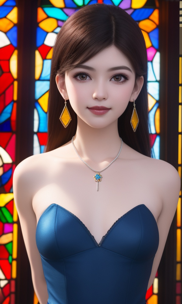 (,1girl, ,best quality, )<lora:365-DA-梦塔·雪谜城-艾妙妙:0.7>,,ultra detailed background,ultra detailed background,ultra realistic 8k cg,,, (close-up portrait),(upper body:1.22),(realistic:1.11),(Photo-referencing),HDR,Studio Lighting,Soft Lighting, ,, a slender petite little girl,Delicate muscle lines,(Skinny body),(solo:1.5),( looking at viewer:1.22),The white shiny skin, (smirk:1.2),(dynamic pose),(arms behind back),arms at sides, (very long payot),(Absurdly long Brown straight hair:1.22),parted bangs, (floating hair), (jewelry:1.17), necklace, earrings,(colorful:1.27),(stained glass background),(),(()),,